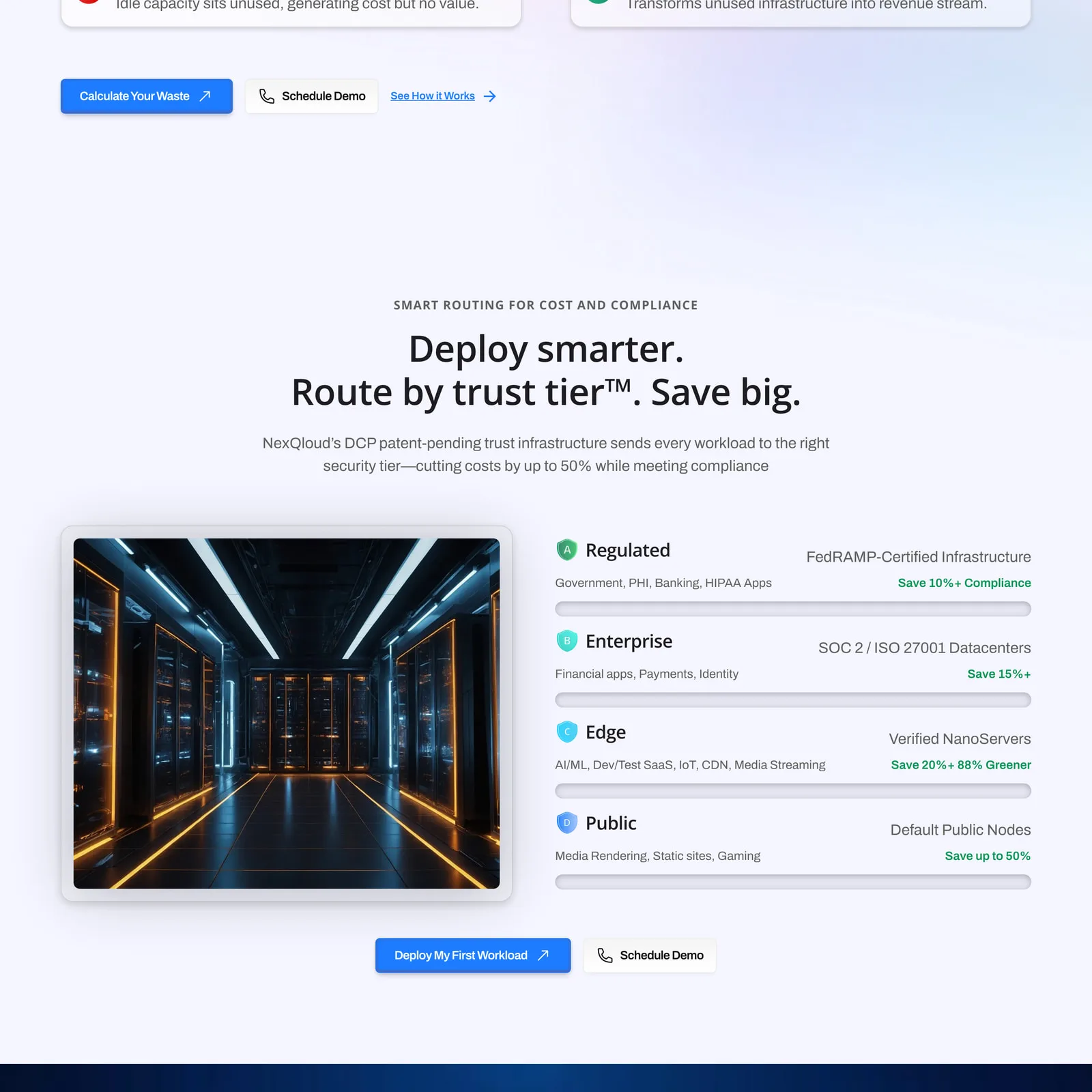 The "Deploy smarter, route by trust tier" section, with a photograph of a data centre beside a list of the regulated, enterprise, edge and public tiers.