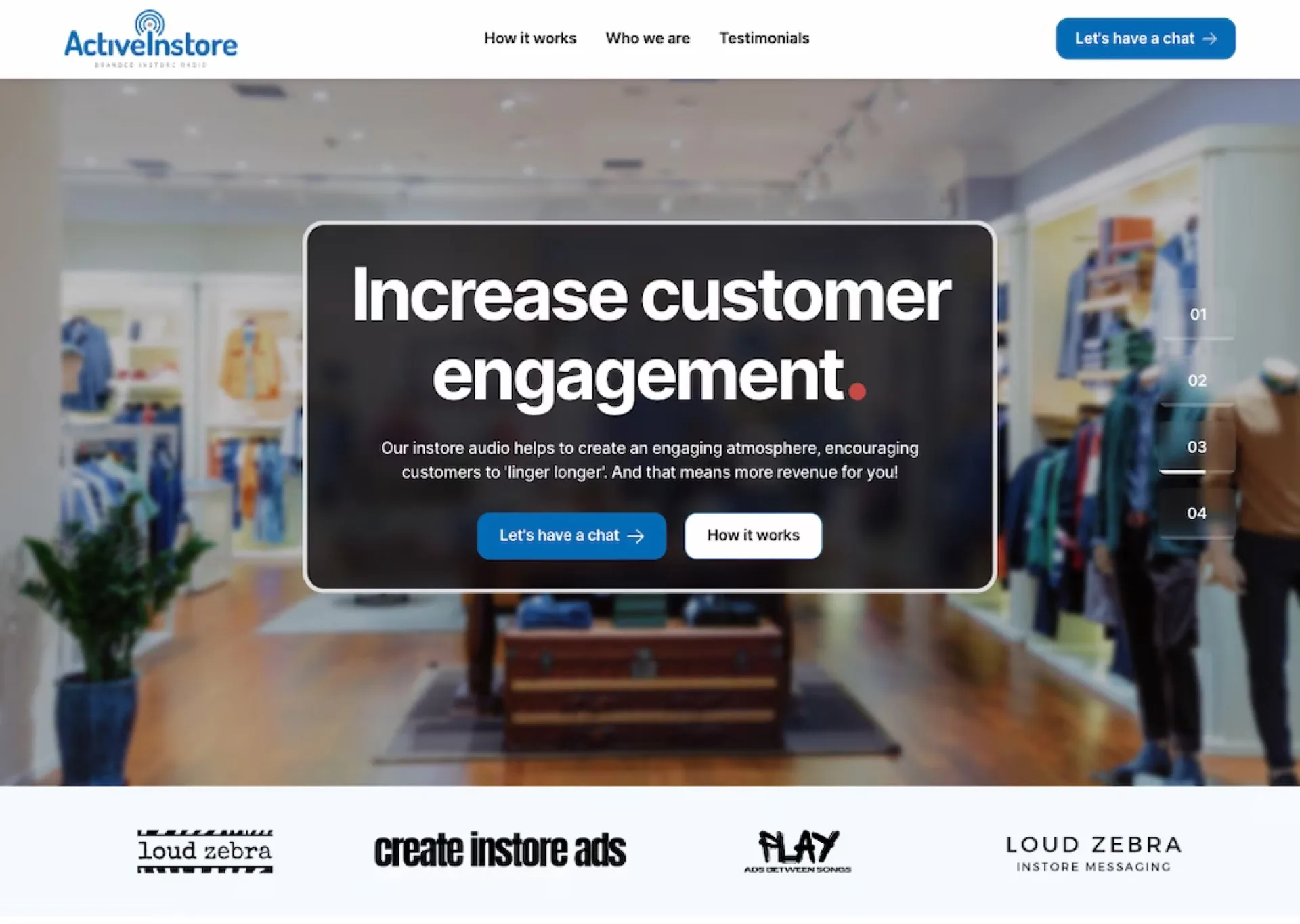The Active Instore homepage in a browser, headed "Music to match your brand" over a photograph of a supermarket aisle, with "Let’s have a chat" and "How it works" actions beneath the intro paragraph.