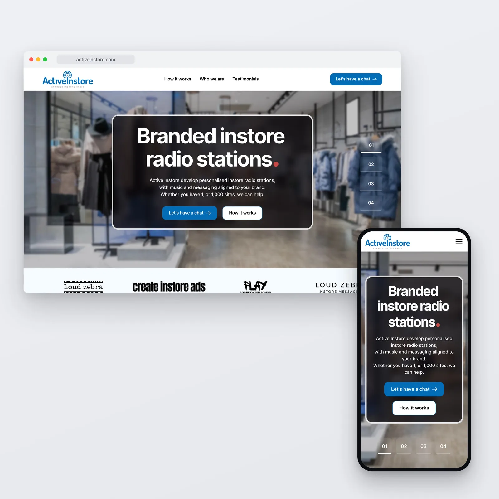 The Active Instore homepage shown on a desktop browser and a phone, headed "Branded instore radio stations" over a photograph of a store aisle, with "Let’s have a chat" and "How it works" actions and a row of client logos beneath.