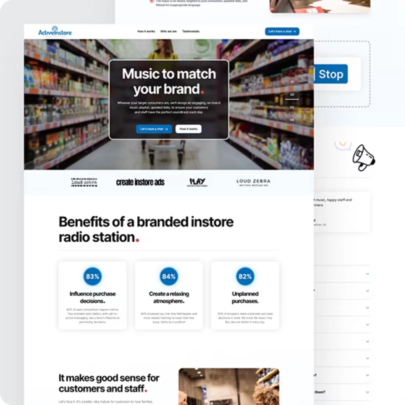 Angled composite of Active Instore pages showing the how-it-works sequence and the service explanation sections.