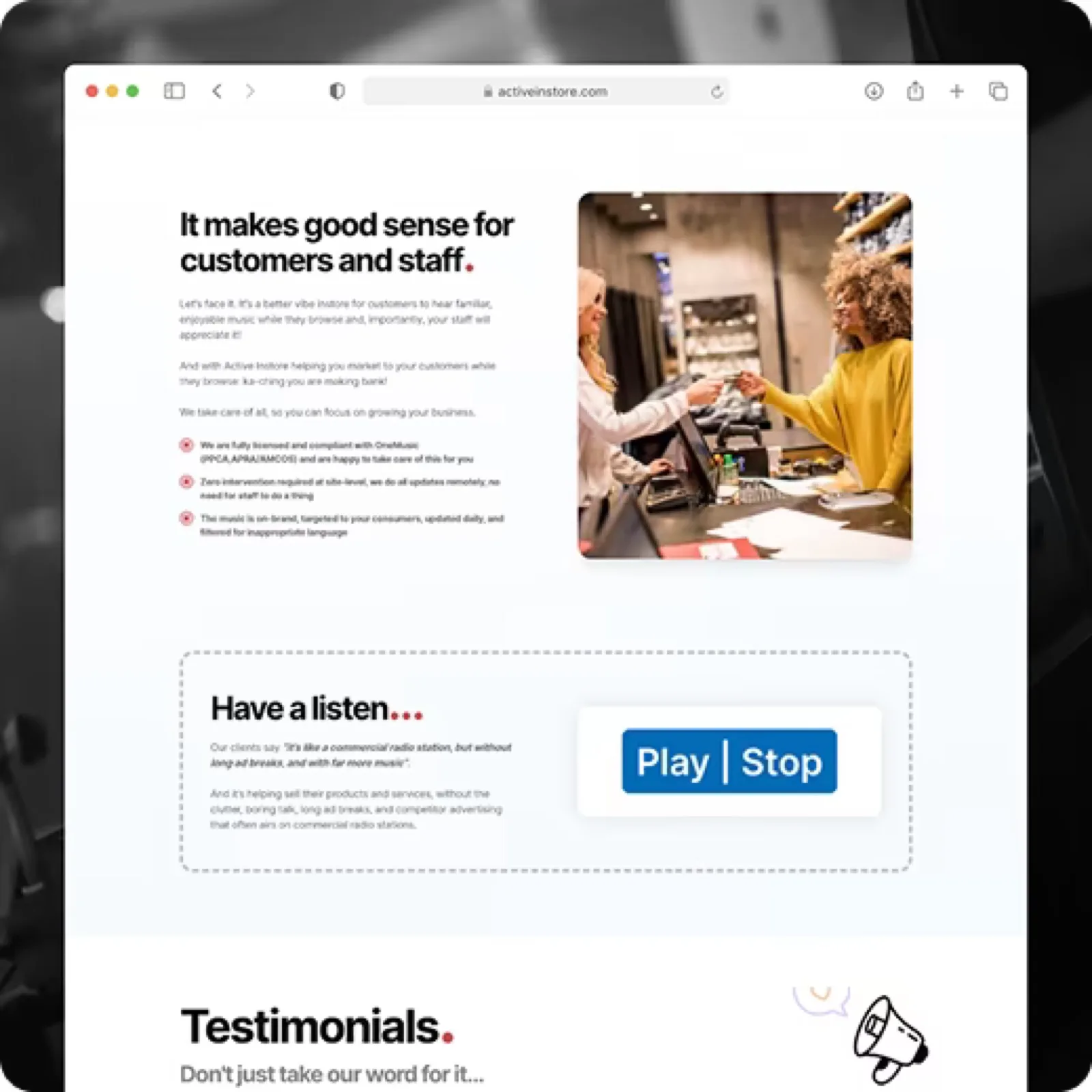 Angled composite of further Active Instore pages showing the testimonials treatment and the enquiry section.