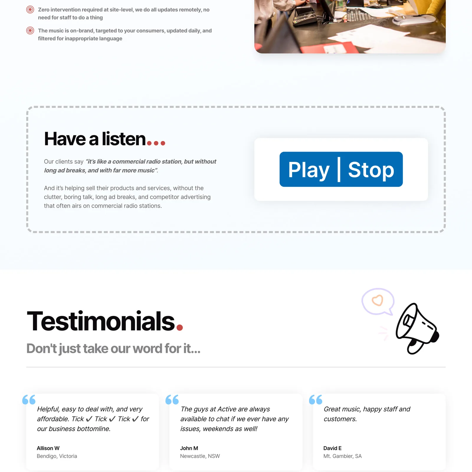 The "Have a listen" panel with its play and stop control, above the Testimonials section and three customer quote cards.