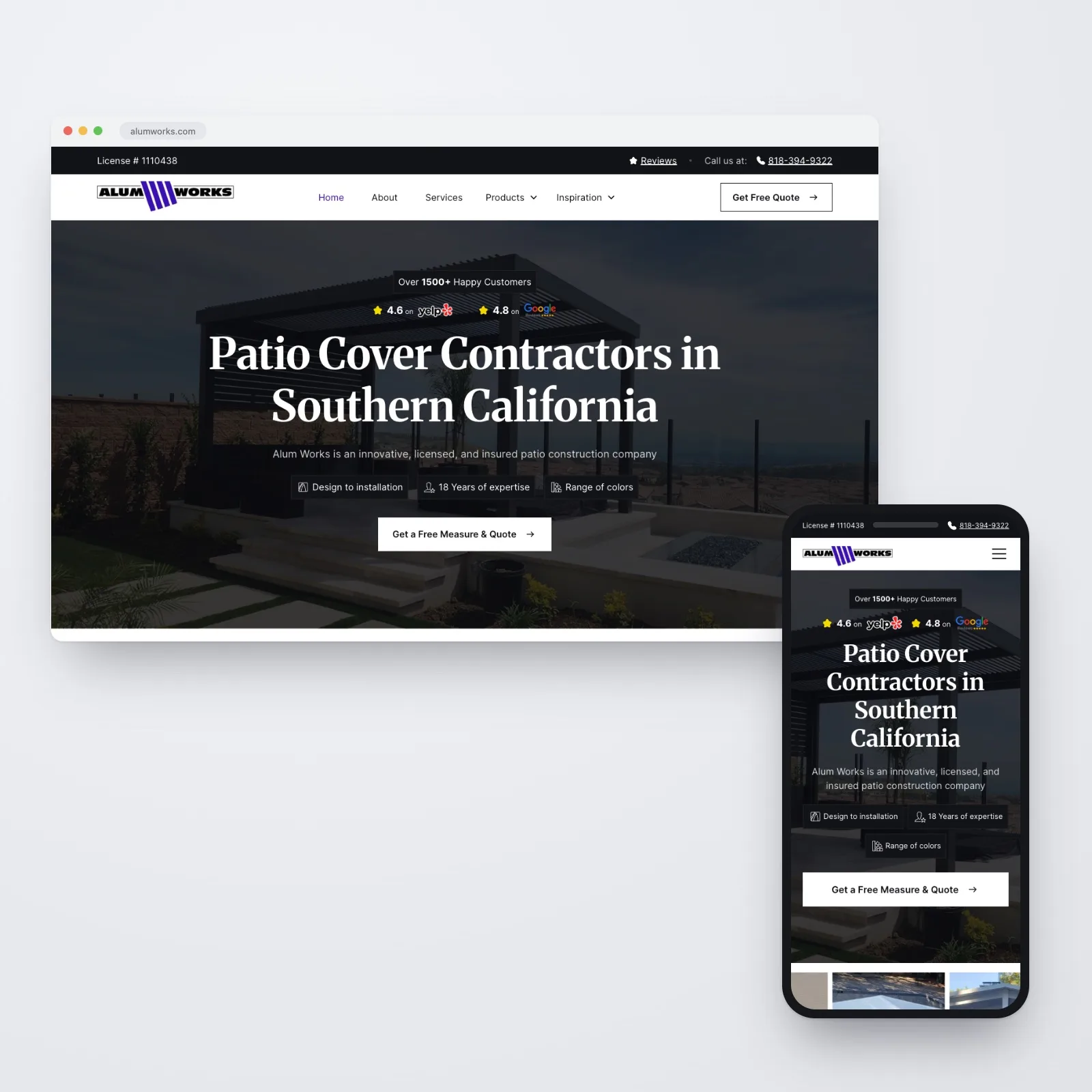 The Alum Works website shown together on desktop and mobile — the homepage in a browser window headed "Patio Cover Contractors in Southern California" over a dusk pergola scene, with the responsive mobile homepage on a phone in front.