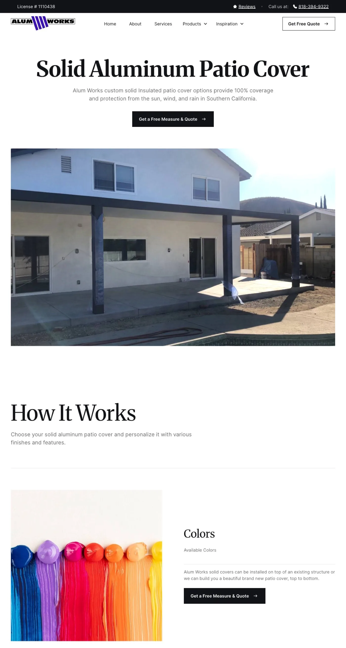 The Solid Aluminum Patio Cover product page on the Alum Works site — the product hero and its detail sections on material options and benefits.
