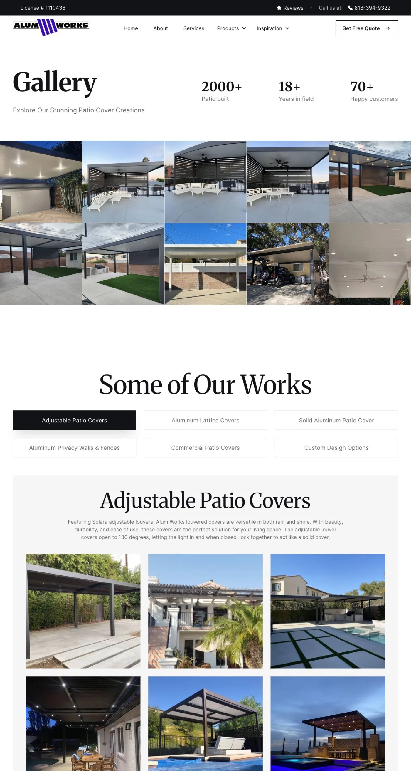 The Alum Works gallery page — a photo strip of completed patio-cover projects above the Some of Our Works categories and the Adjustable Patio Covers showcase.