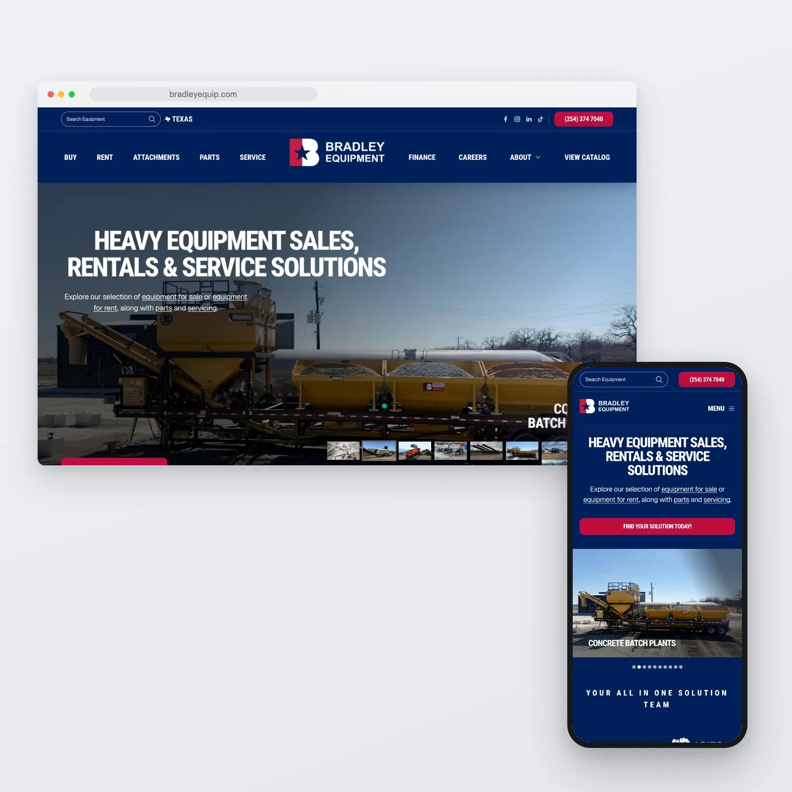The Bradley Equipment homepage shown on a desktop browser and a phone, headed "Heavy Equipment Sales, Rentals & Service Solutions" over machinery photography.