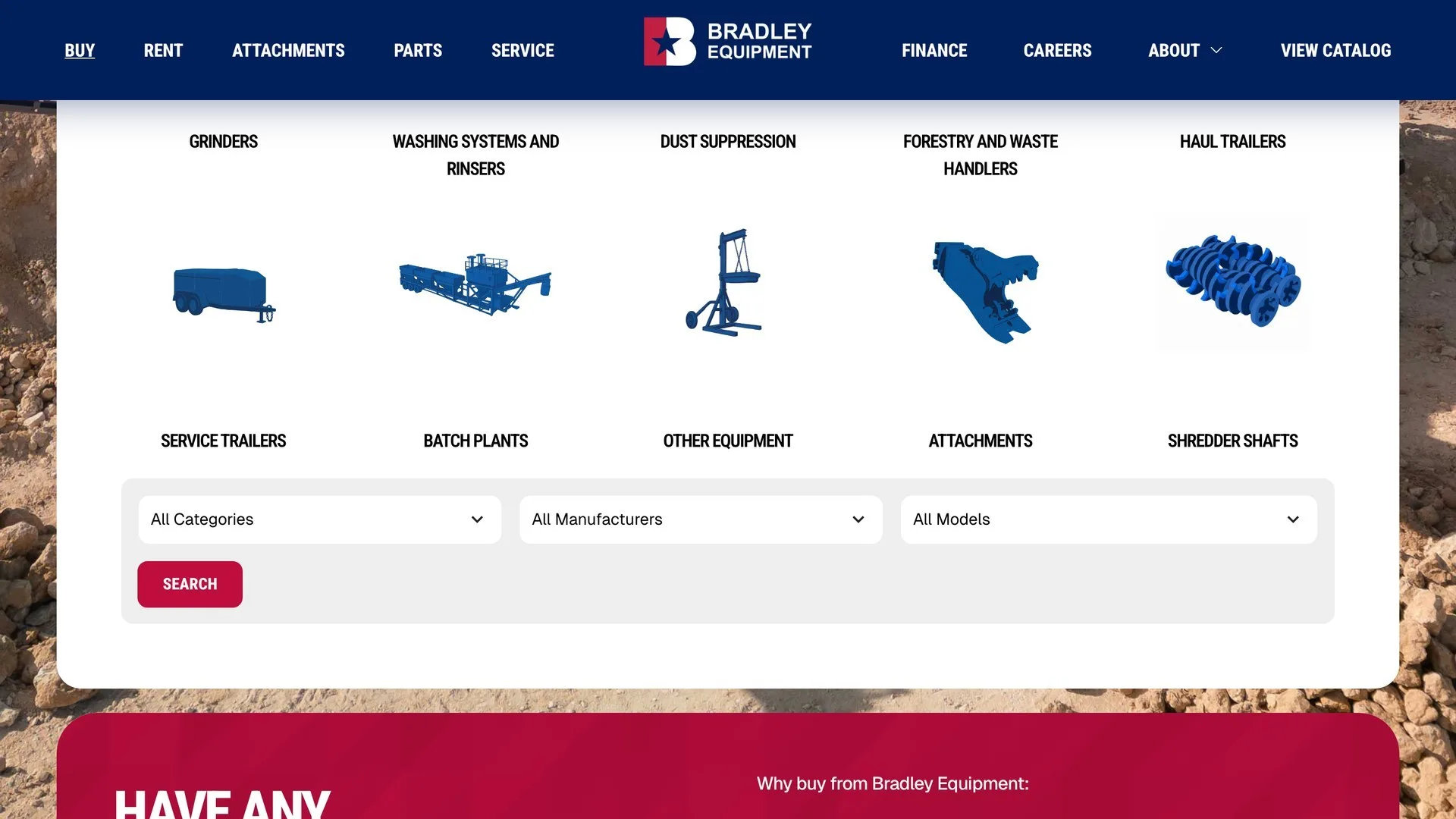 The equipment-for-sale page, with the category picker above dropdown filters for category, manufacturer and model.