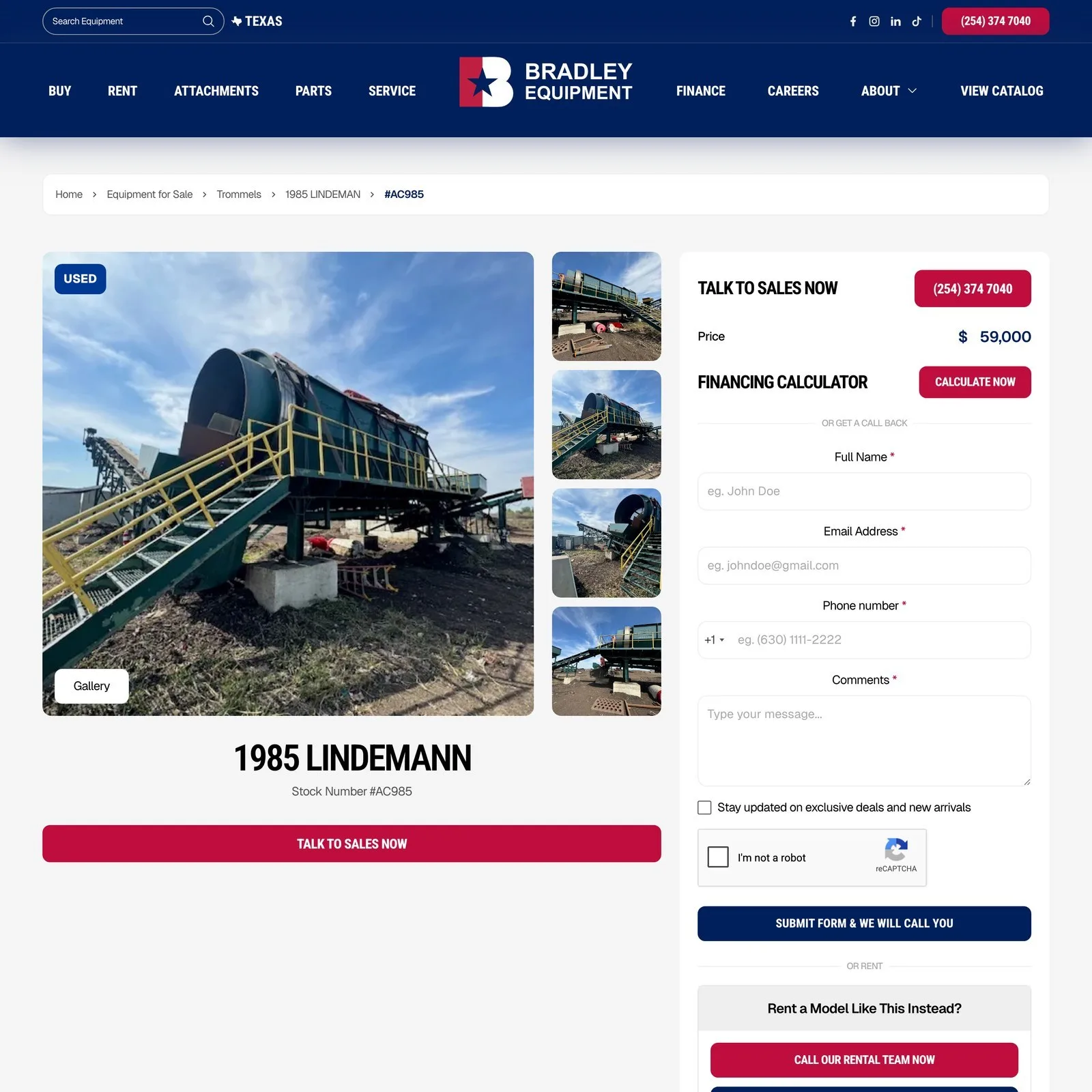 A used trommel’s listing page, with its photo gallery, price and financing calculator beside a talk-to-sales form.