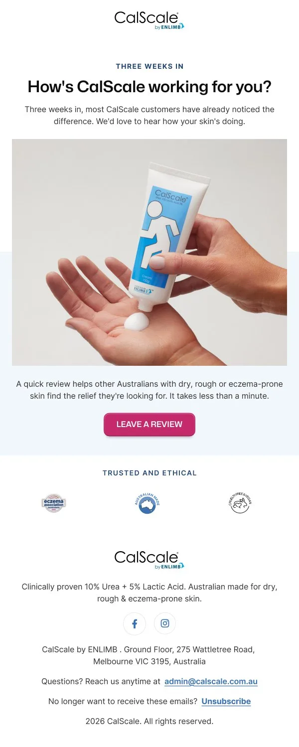 The CalScale review request email, sent three weeks in: the headline "How’s CalScale working for you?", a photo of the cream being squeezed into a hand and a Leave a Review button.