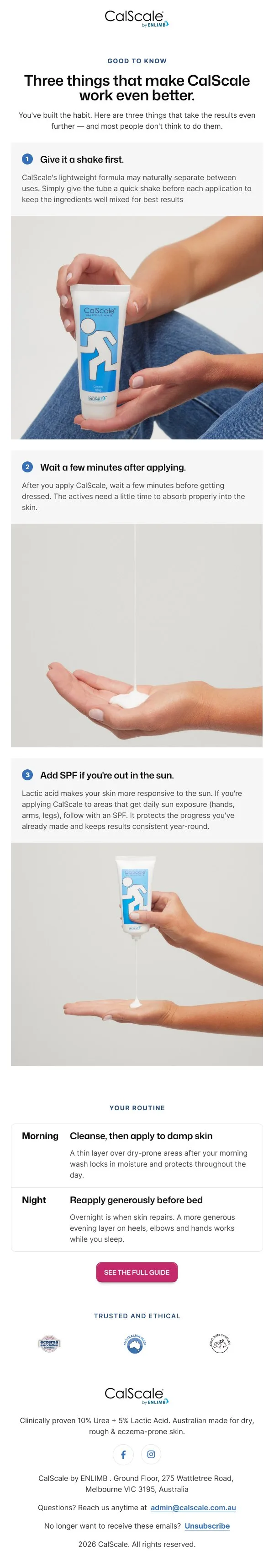 The CalScale usage tips email: three numbered tips with product photography, a morning and night routine table and a See the Full Guide button.
