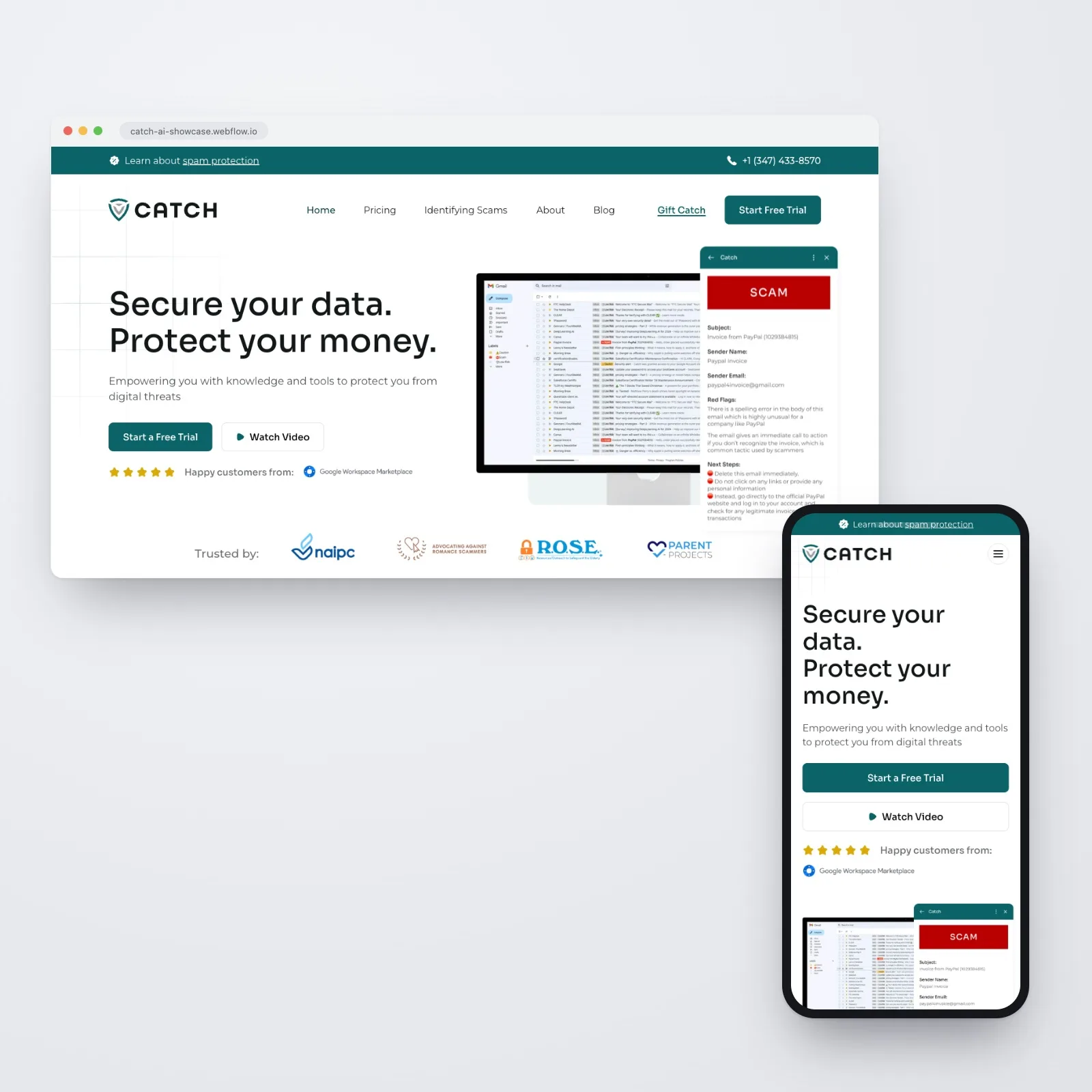 The Catch website shown together on desktop and mobile — the homepage in a browser window headed "Secure your data. Protect your money." beside a Gmail inbox with a flagged SCAM alert, with the responsive mobile homepage on a phone in front.
