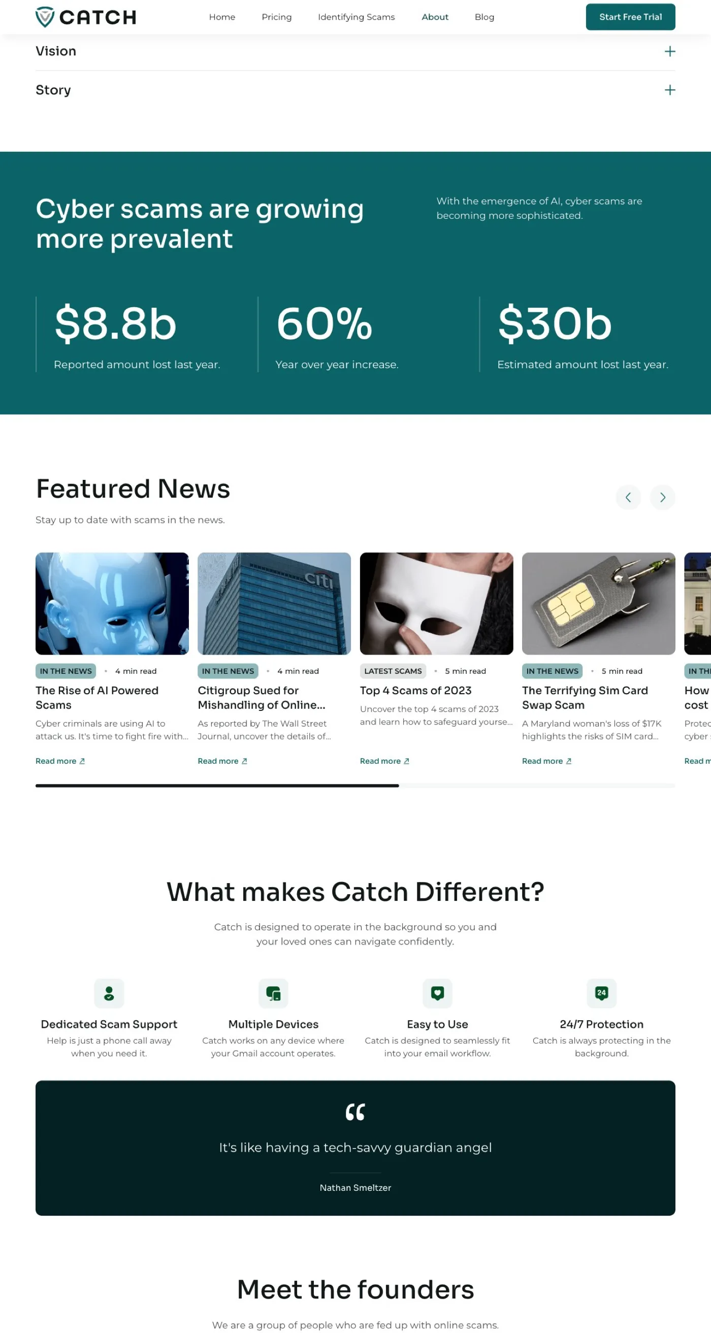 The Catch About Us page mid-scroll, showing the mission section — leading the charge against cyber scams.
