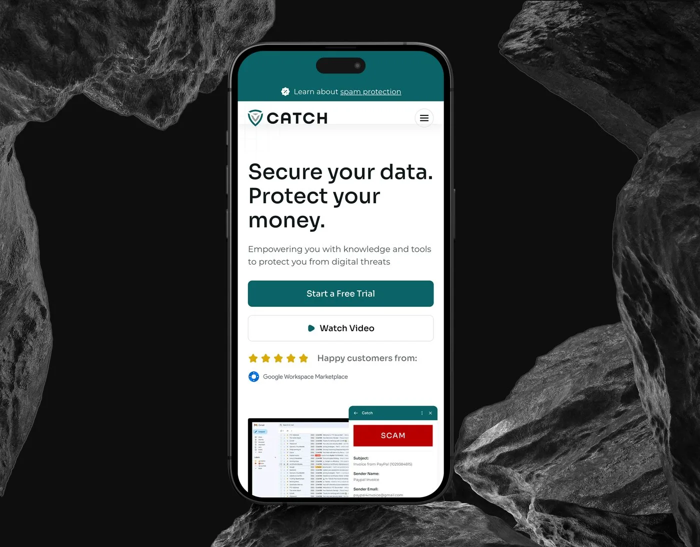 The Catch mobile homepage on an iPhone set upright between dark rocks — the Secure your data. Protect your money. hero above the Start a Free Trial button.