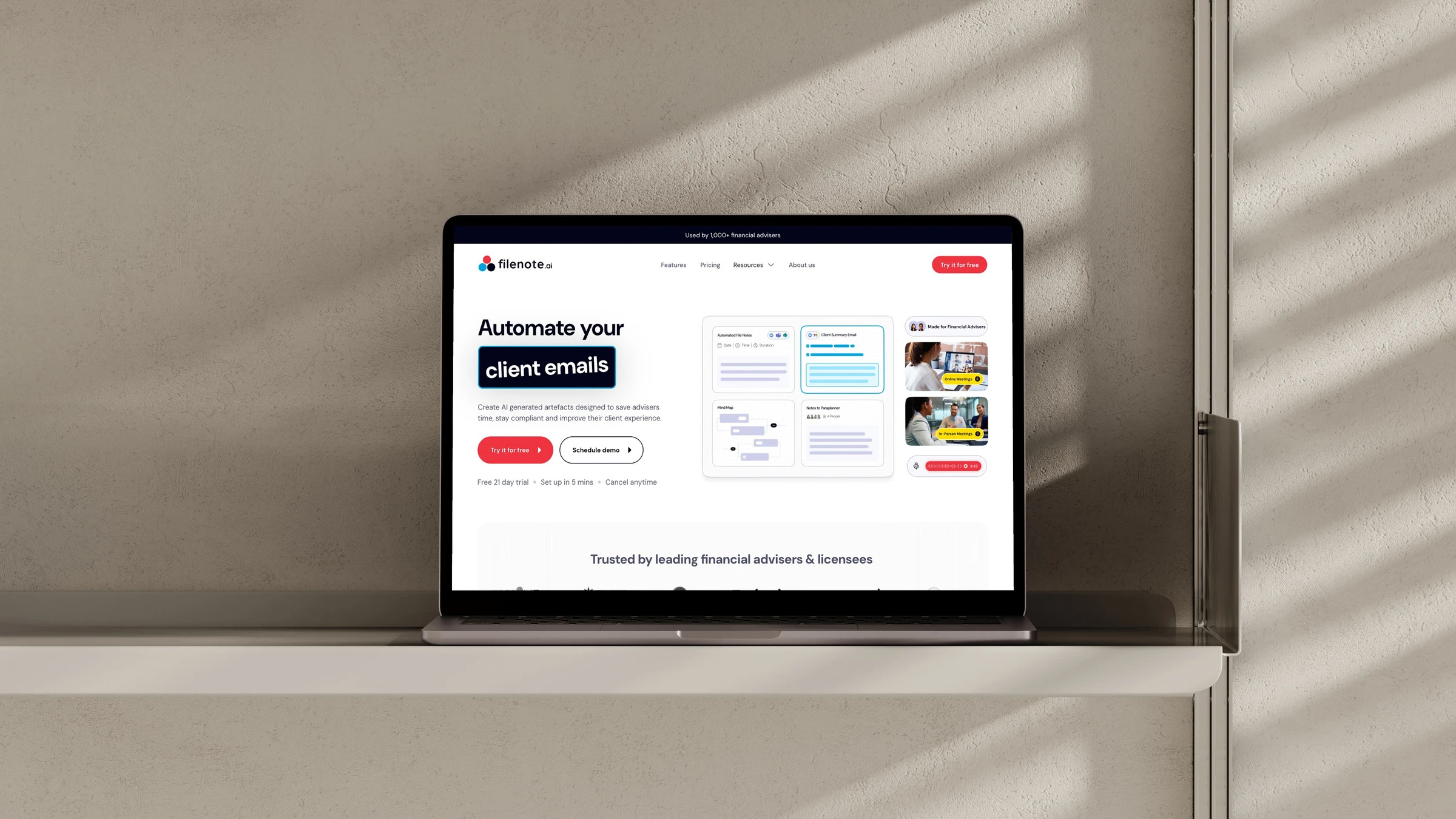 Filenote.ai website on a laptop