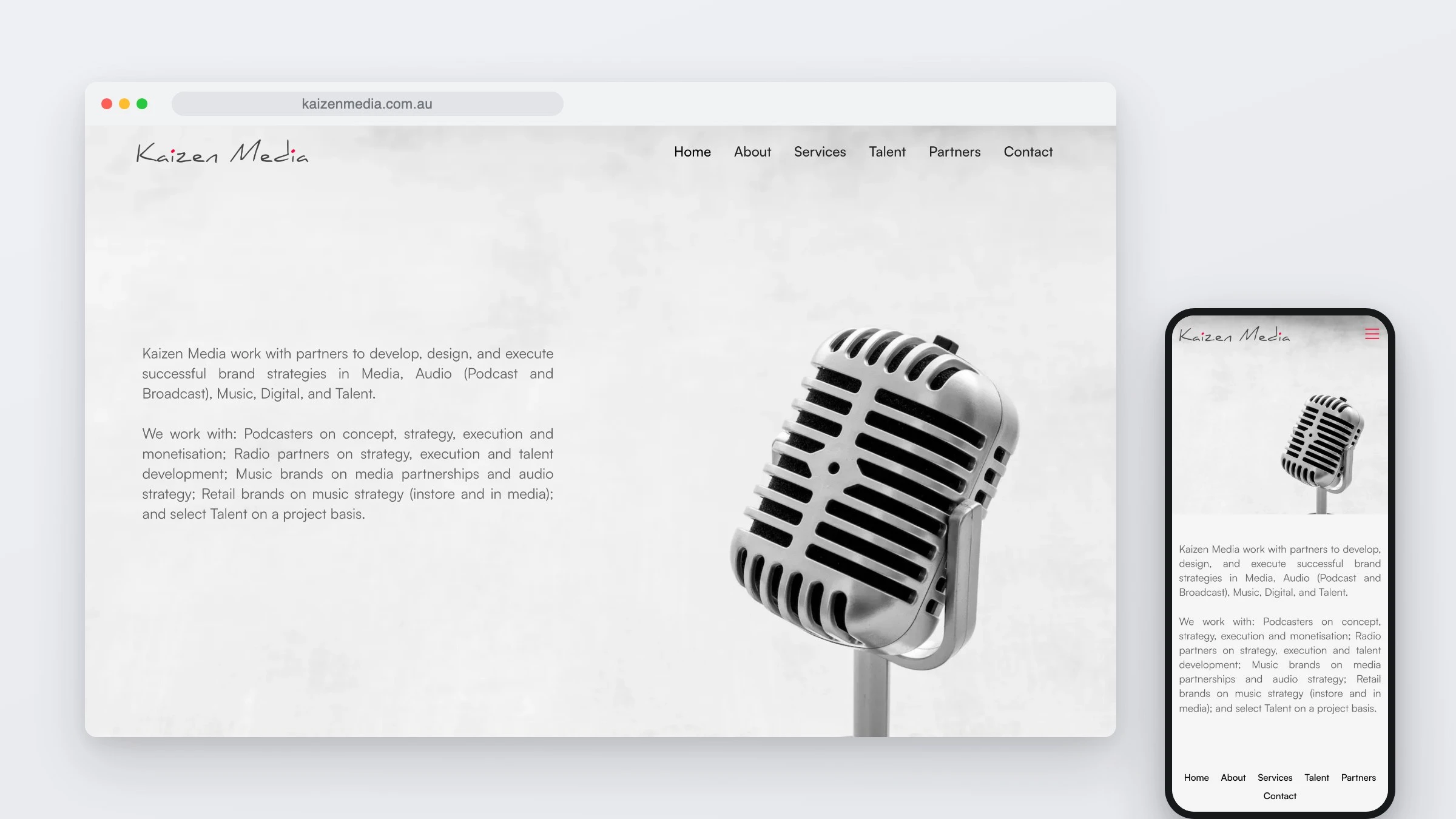 The Kaizen Media website in a browser window beside a phone