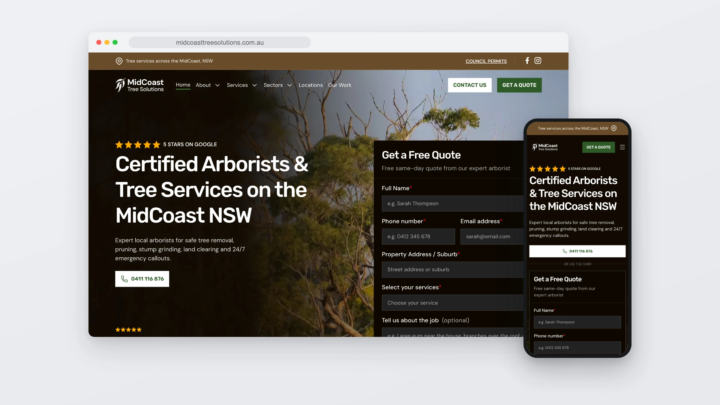 The MidCoast Tree Solutions homepage in a browser window, with the mobile version on a phone in front of it