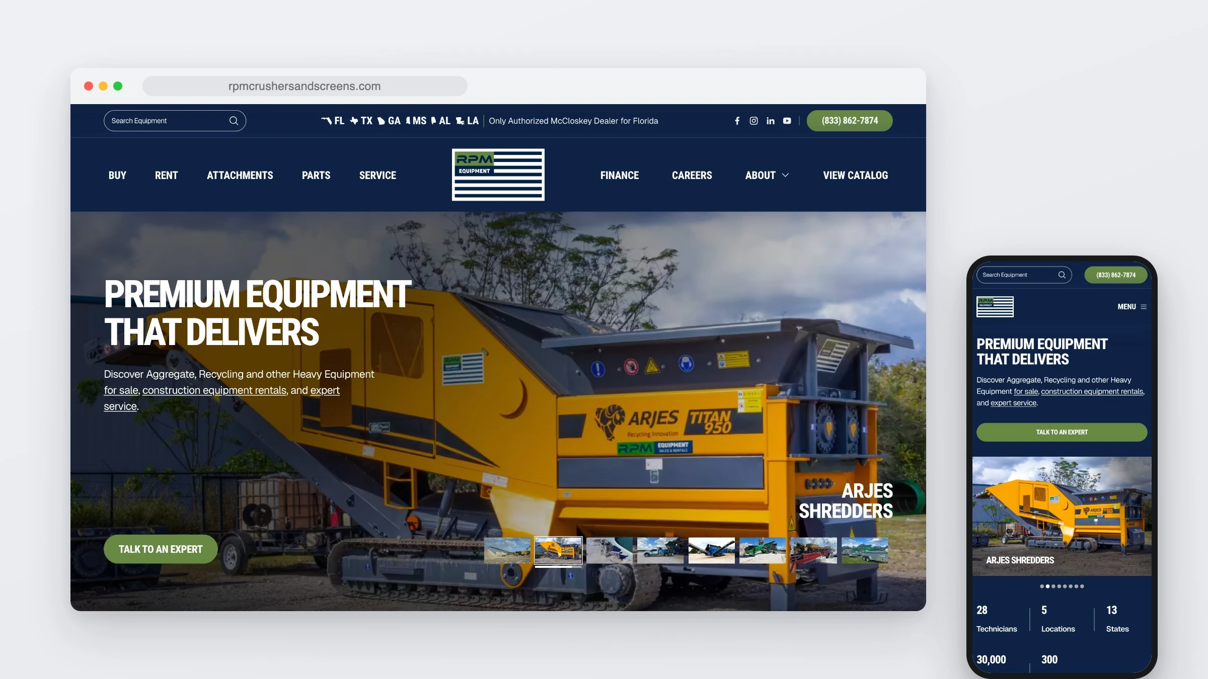 The RPM Crushers and Screens website in a browser window beside a phone