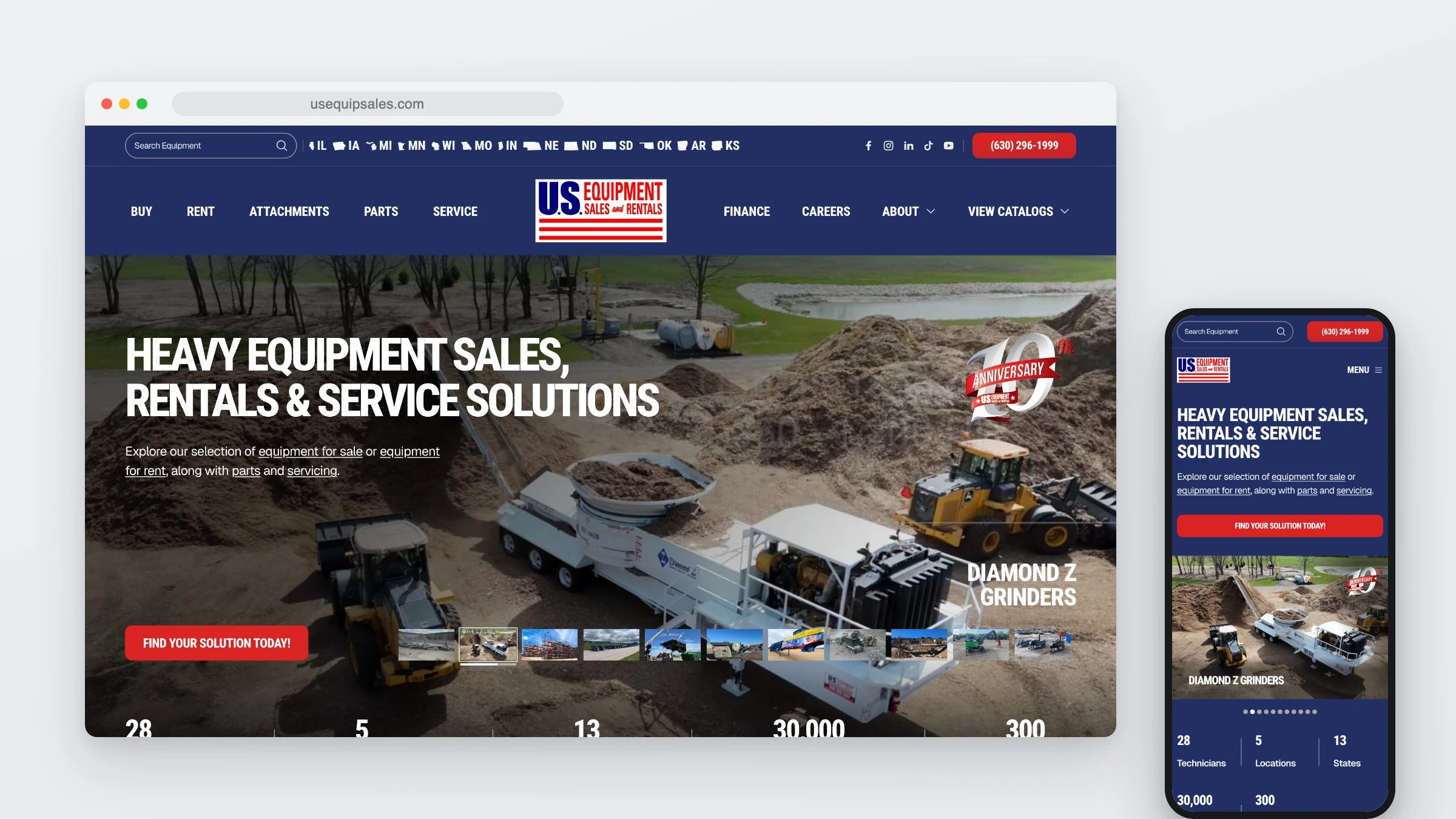 The US Equipment Sales website in a browser window beside a phone