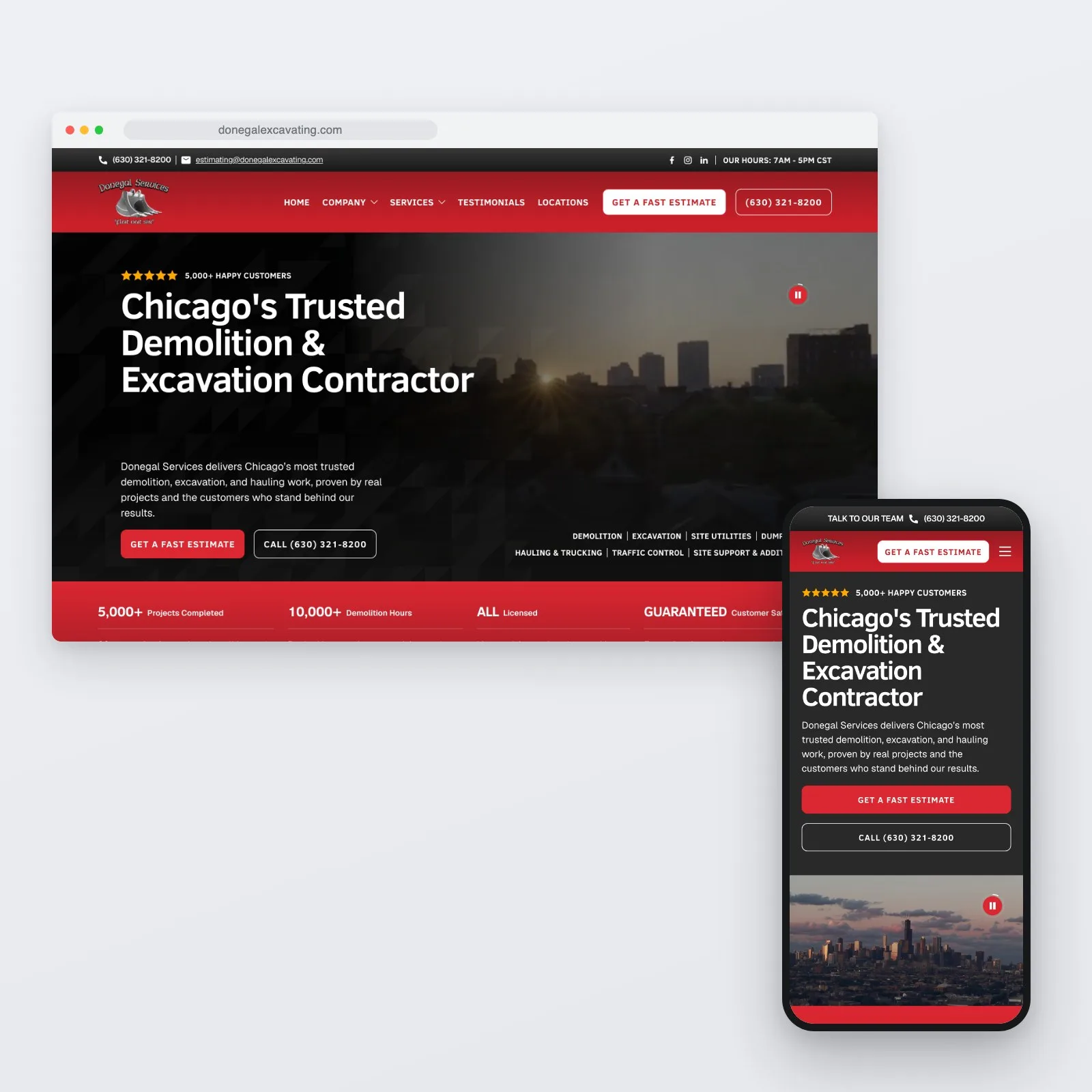 The Donegal Services homepage shown on a desktop browser and a phone, headed "Chicago’s Trusted Demolition & Excavation Contractor" over site machinery photography, with a Get a Fast Estimate action.