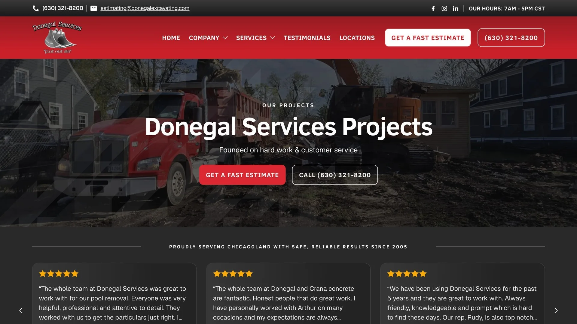 The projects index, a grid of real job write-ups including demolition and storm sewer work with location names in the titles.