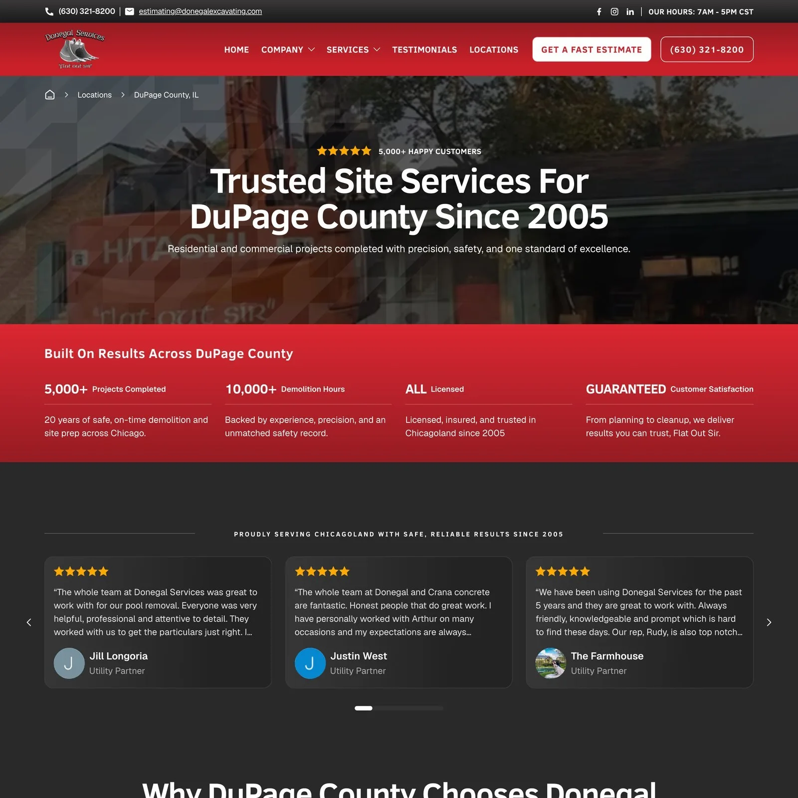 The DuPage County service-area page, headed "Trusted Site Services for DuPage County Since 2005" with client reviews beneath.