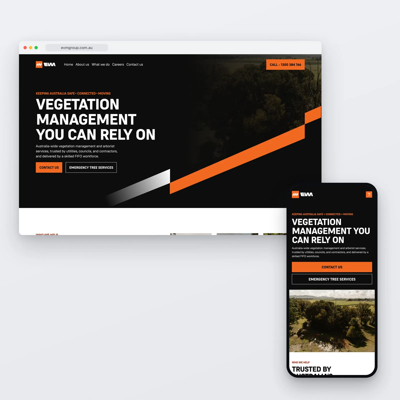 The EVM homepage shown on a desktop browser and a phone, headed "Vegetation management you can rely on" in white on a dark photograph, with Contact us and Emergency tree services actions beneath.