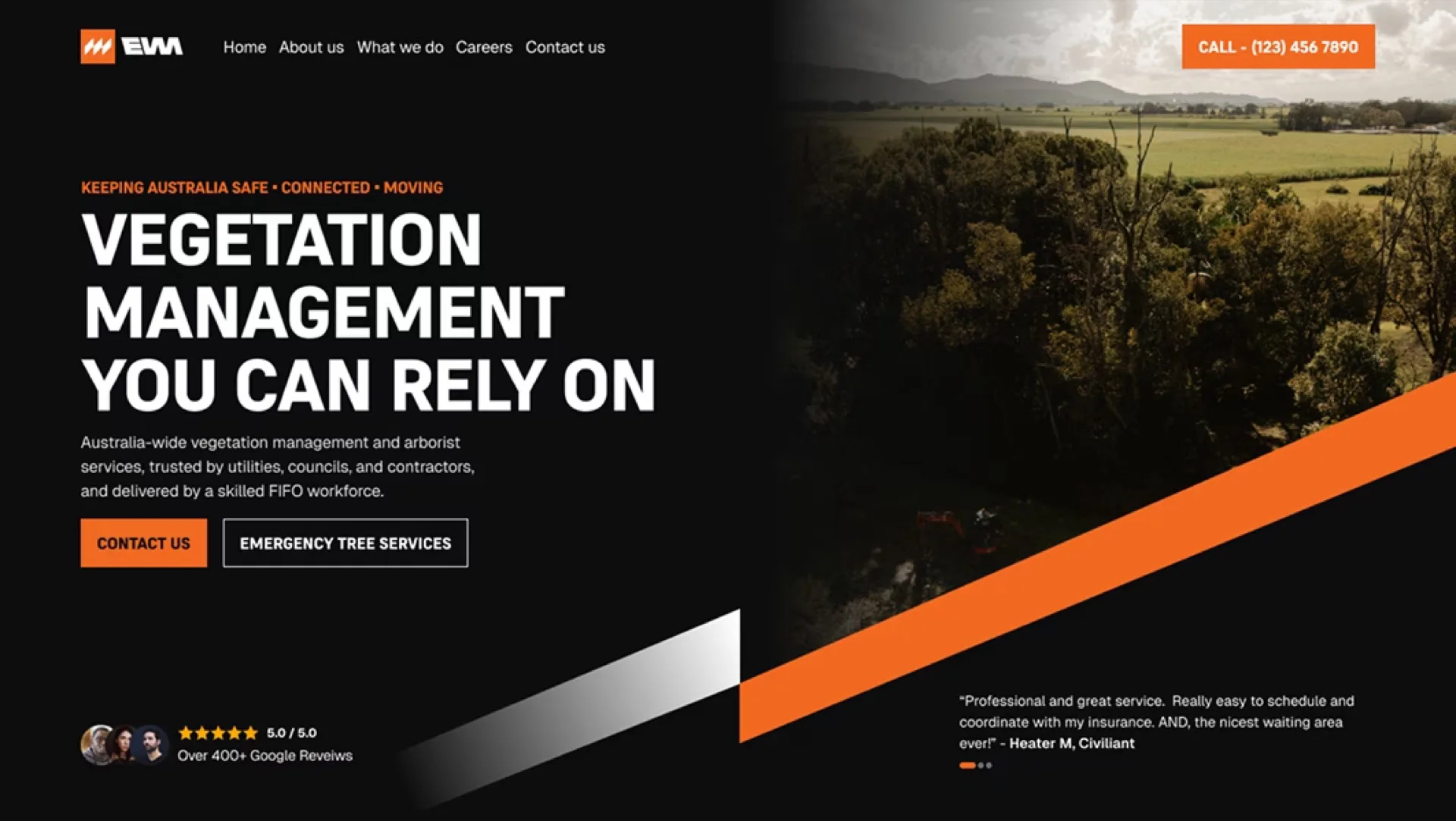 The EVM homepage in a browser, headed "Vegetation management you can rely on" in white on black beside an aerial photograph of tree-lined farmland, with Contact us and Emergency tree services actions and a Google review rating beneath.