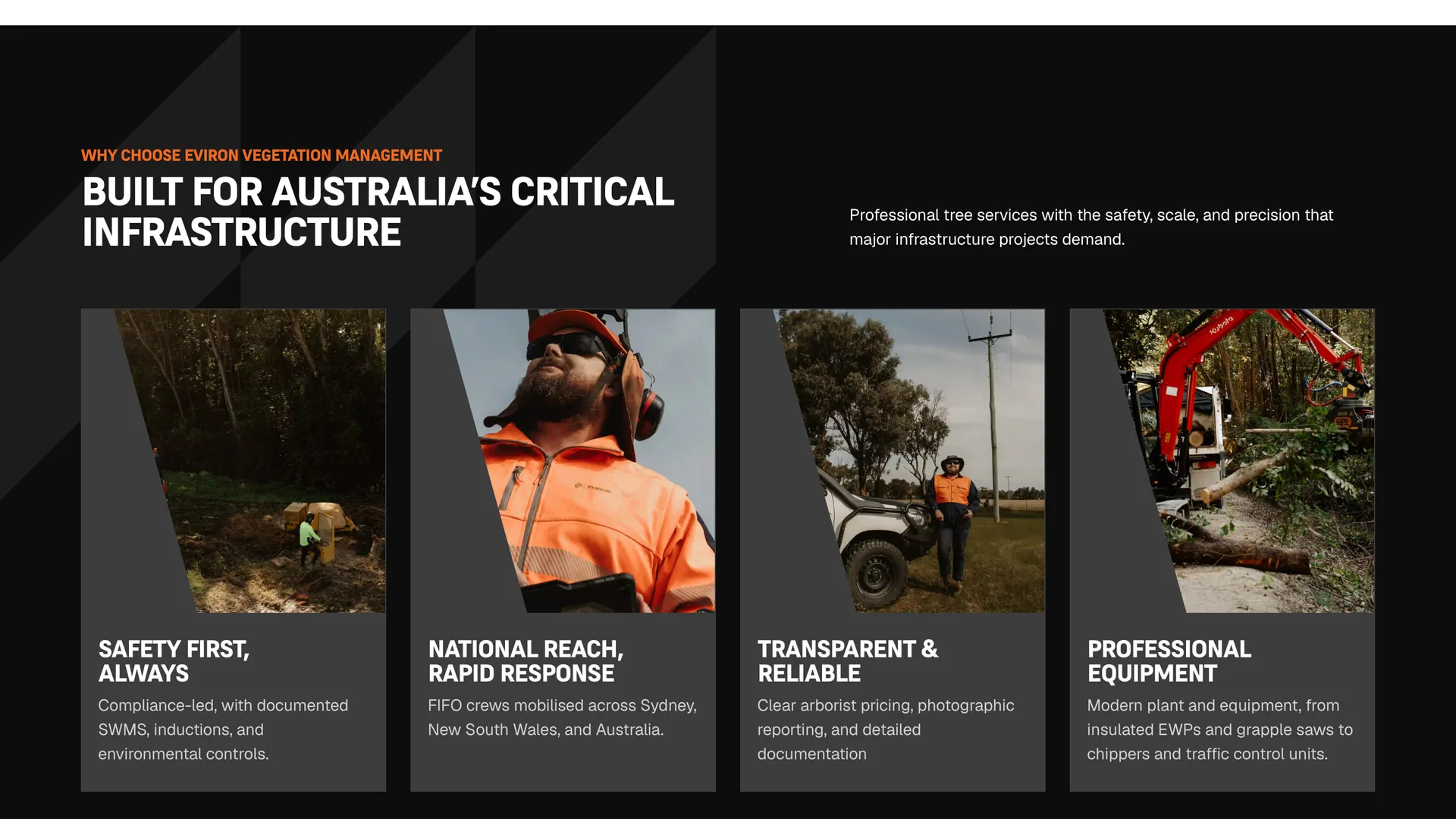 The "Built for Australia’s critical infrastructure" section, with four photographic cards covering safety, national reach, transparent reporting, and equipment.