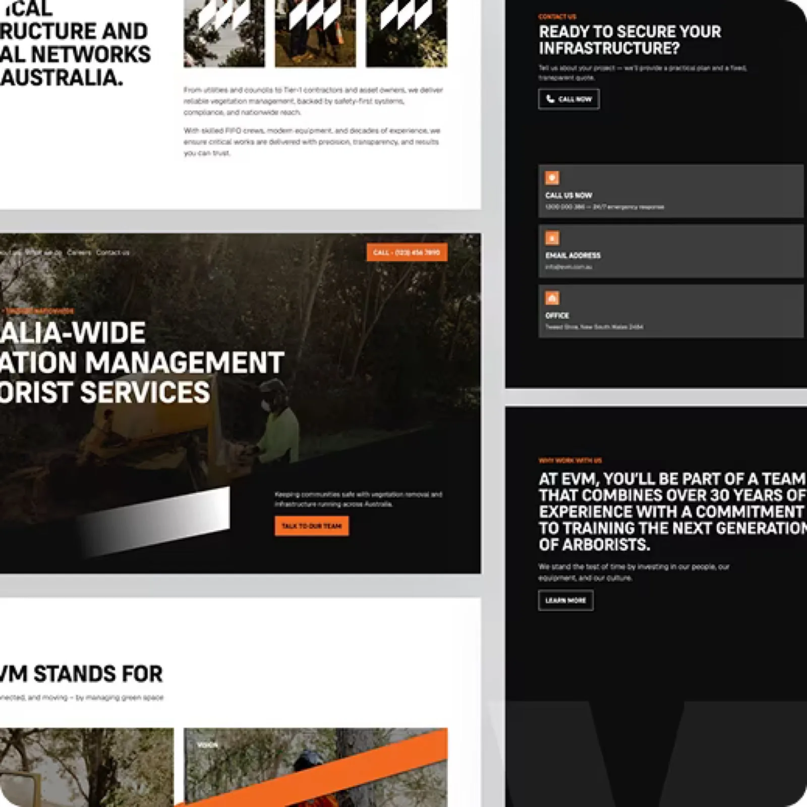 Angled composite of EVM pages showing the services overview and the company story sections.