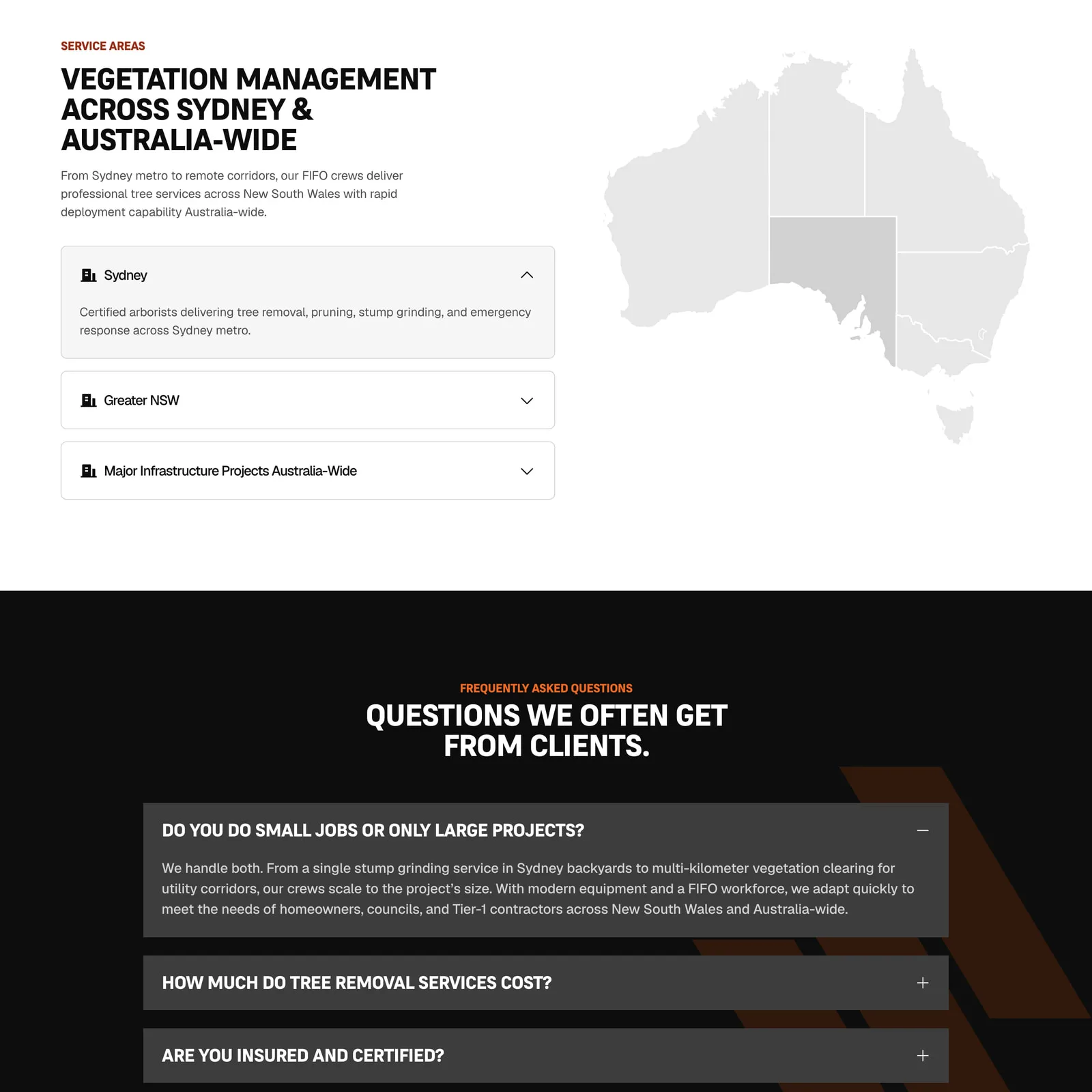 The service-area section, headed "Vegetation management across Sydney and Australia-wide", with a map of Australia beside an expandable list of regions covered.