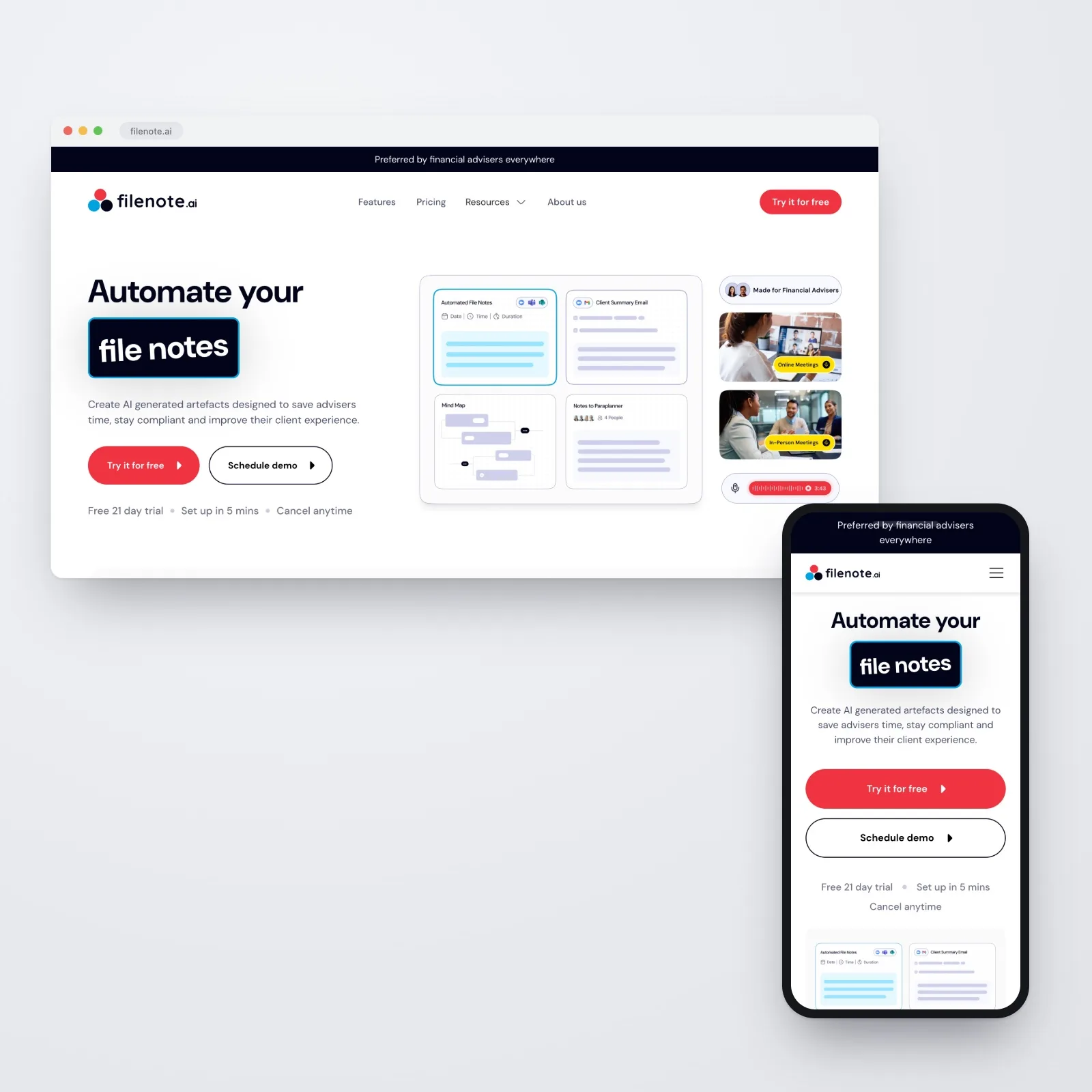 The Filenote.ai website shown together on desktop and mobile — the homepage in a browser window headed "Automate your file notes" beside its product-artefact cards, with the responsive mobile homepage on a phone in front.