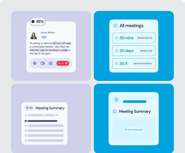 A collage of Filenote.ai product screens: a meeting-recording card with client goals, meeting-summary panels, and the "30 mins / 30 days / 30x" time-savings cards.