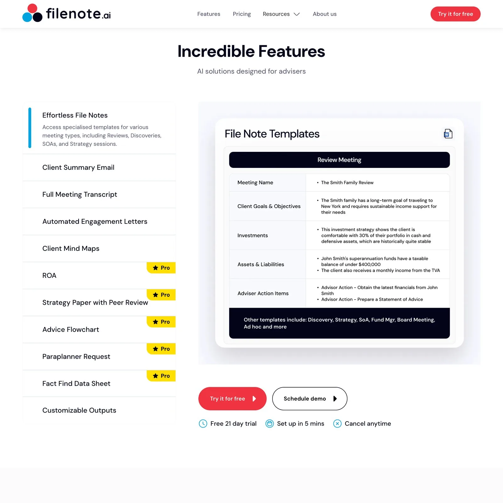 The Incredible Features section of the Filenote.ai homepage — the accordion of capabilities from Effortless File Notes to Customisable Outputs beside the File Note Templates panel with its Review Meeting example.