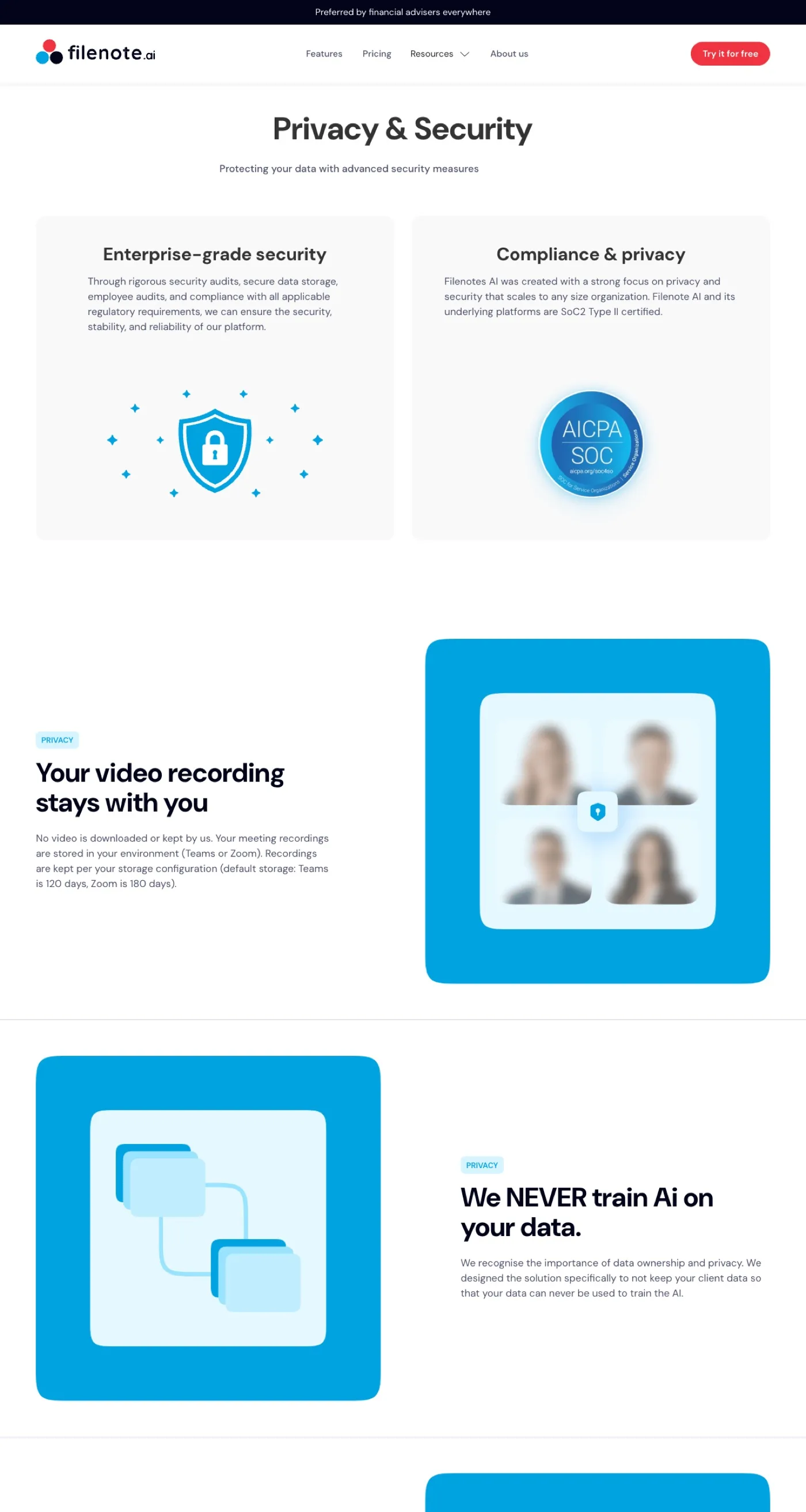 The Filenote.ai Privacy & Security page — enterprise-grade security and compliance cards above "Your video recording stays with you" and "We NEVER train AI on your data".