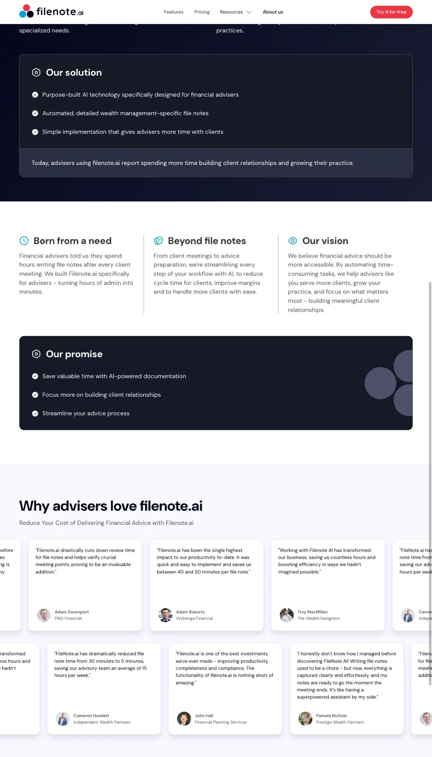 The Filenote.ai About Us page mid-scroll — the Our Solution panel above Born From a Need, Beyond File Notes and Our Vision, with the "Why advisers love filenote.ai" testimonial wall below.