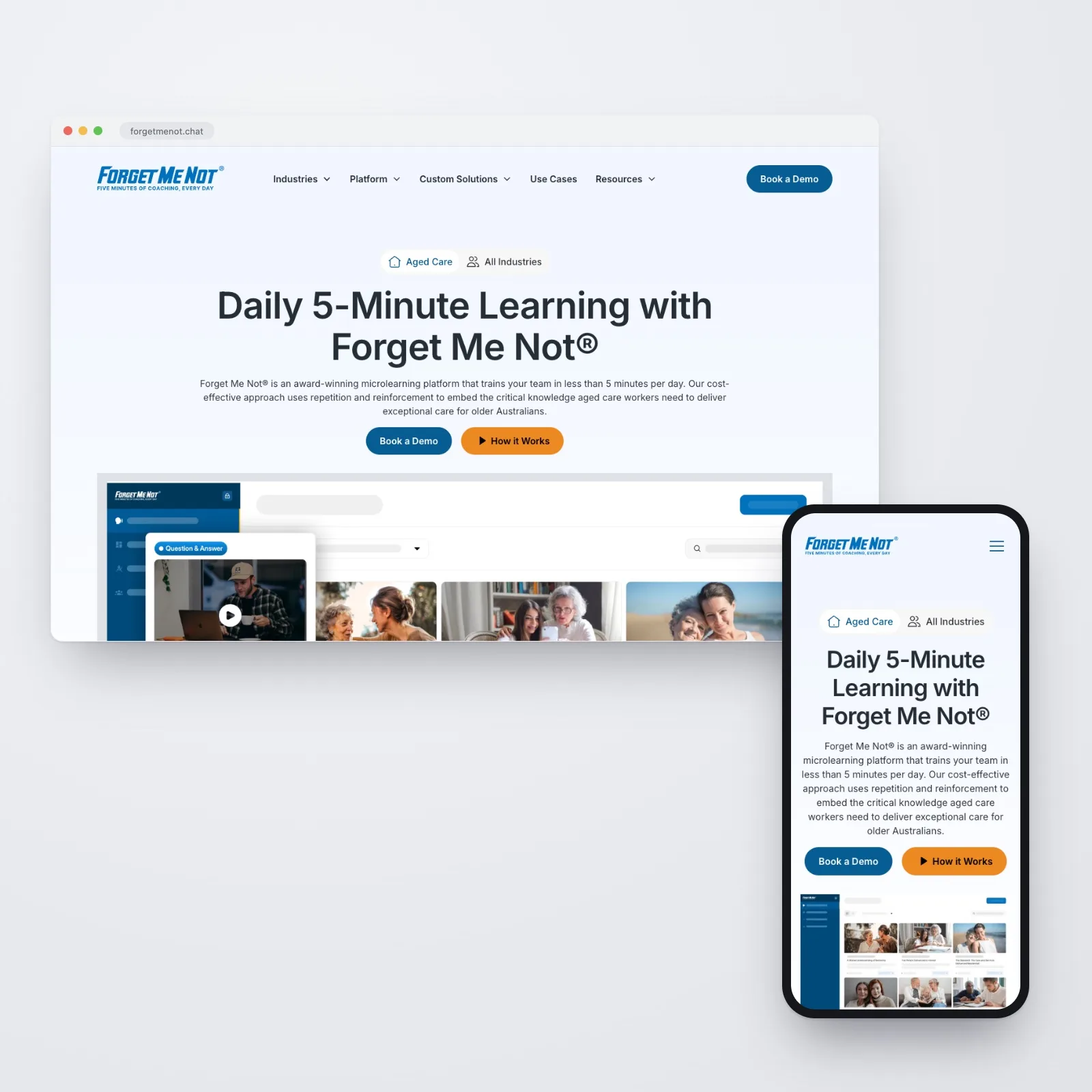 The Forget Me Not® website shown together on desktop and mobile — the homepage in a browser window headed "Daily 5-Minute Learning with Forget Me Not®" above the microlearning platform interface, with the responsive mobile homepage on a phone in front.