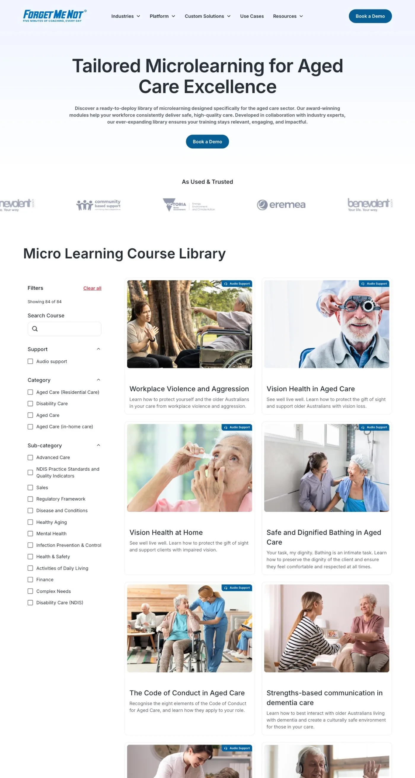 The Forget Me Not® Course Library page — the searchable catalogue of microlearning courses for aged-care teams.