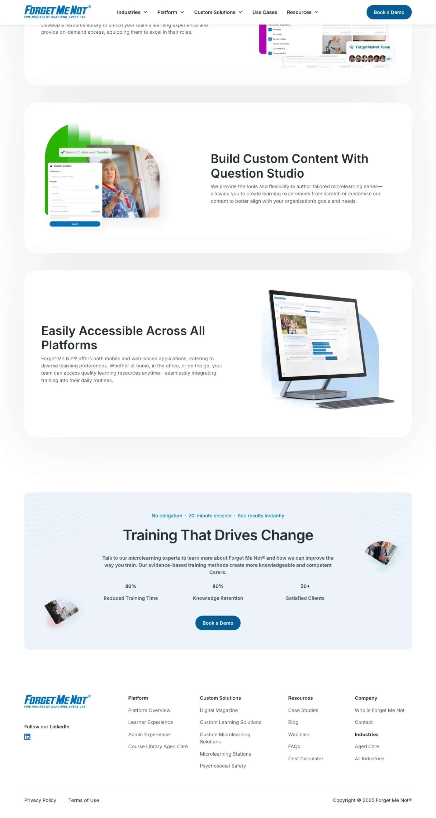 The Forget Me Not® platform page mid-scroll, showing the "Welcome to Forget Me Not®" product walkthrough section.