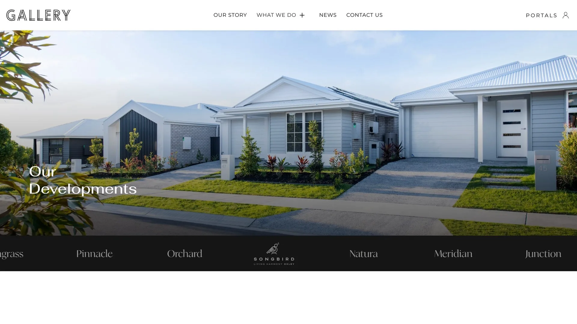 The developments index, a filterable grid of projects with location, type and status filters.