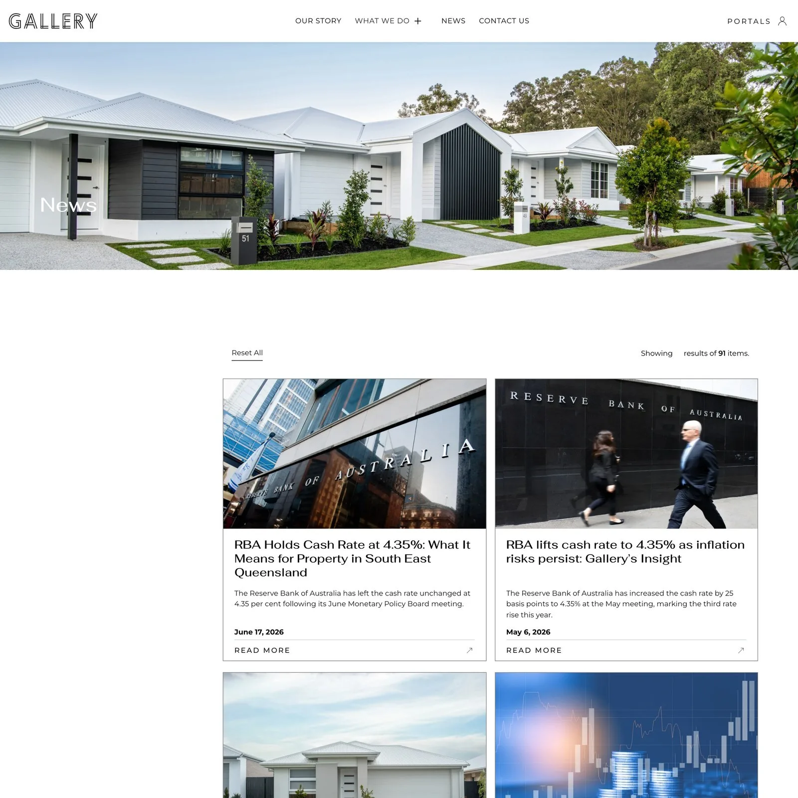 The news section, a grid of dated articles across categories from developments to investment.