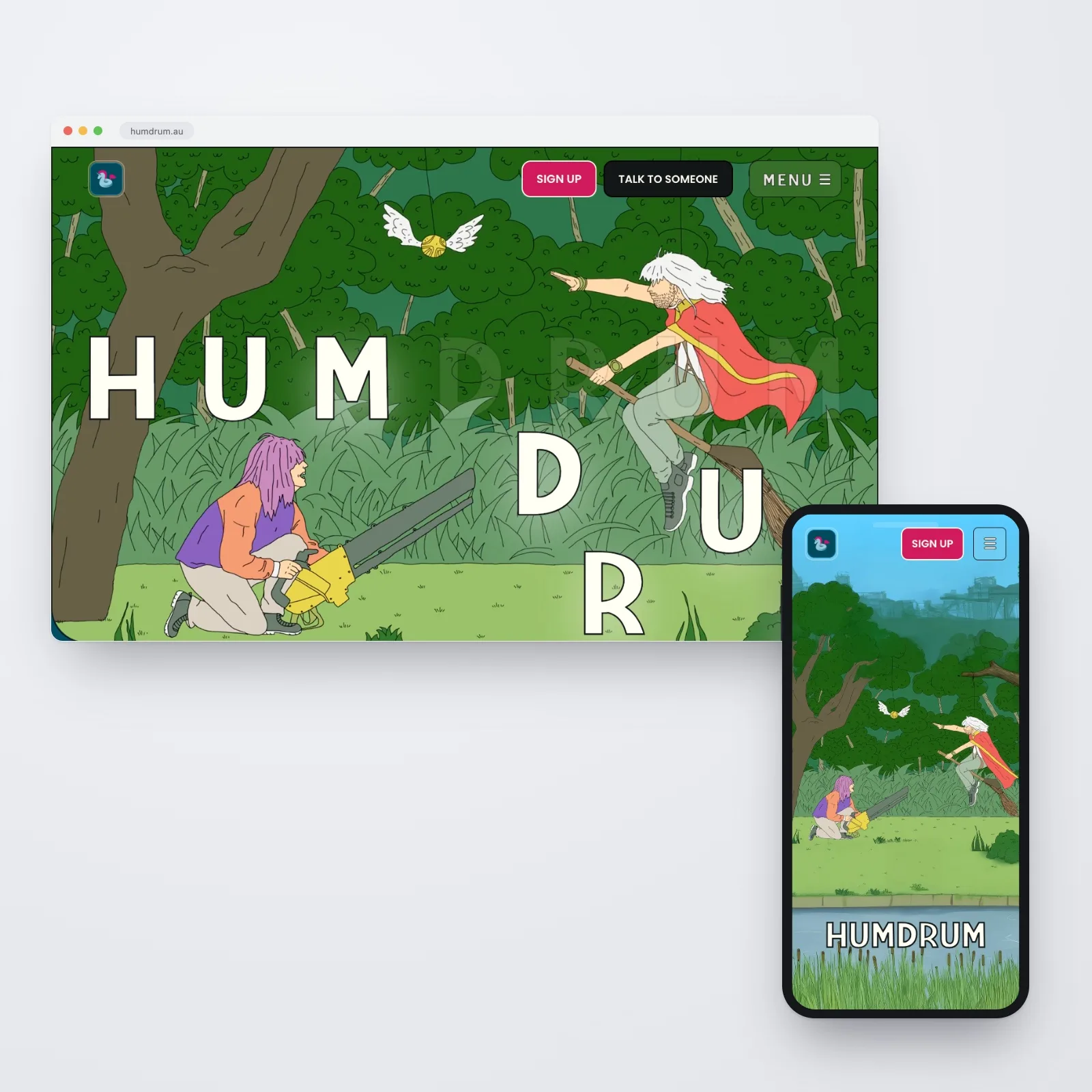 The Humdrum website shown together on desktop and mobile — the illustrated bush-scene homepage with its scattered HUMDRUM lettering and wizard on a broomstick in a browser window, with the responsive mobile homepage on a phone in front.