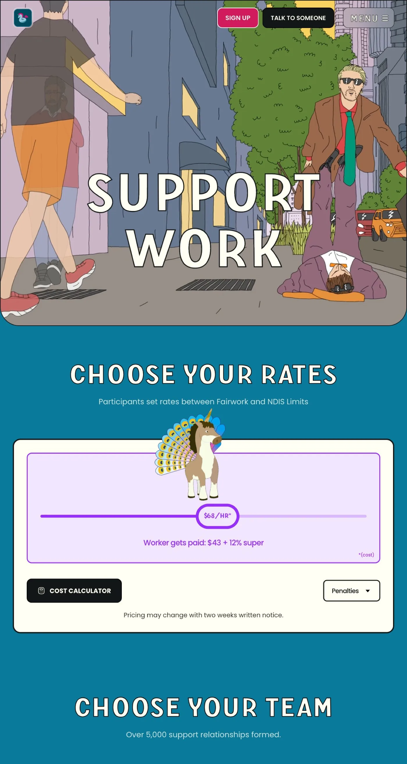 The Humdrum Support Work page — flexible NDIS support with choose-your-team-and-rates options, one of the four audience journeys.