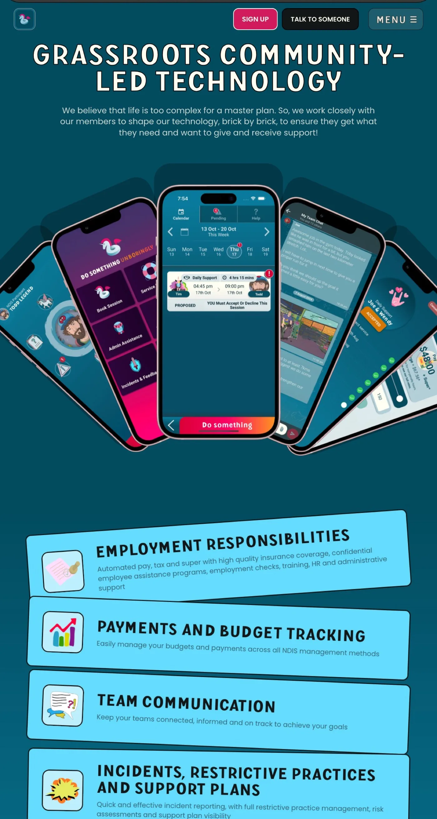 The Humdrum platform page mid-scroll, showing the grassroots community-led technology section and the platform features that follow it.