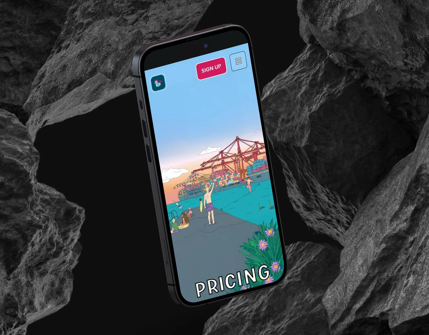 The Humdrum pricing page on an iPhone angled among dark volcanic rocks — the illustrated harbour-side Pricing scene in the platform’s hand-drawn style.