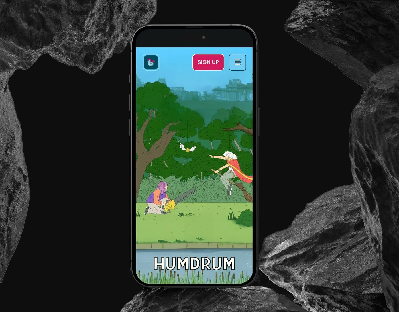 The Humdrum mobile homepage on an iPhone set upright between dark rocks — the illustrated forest scene above the HUMDRUM wordmark.