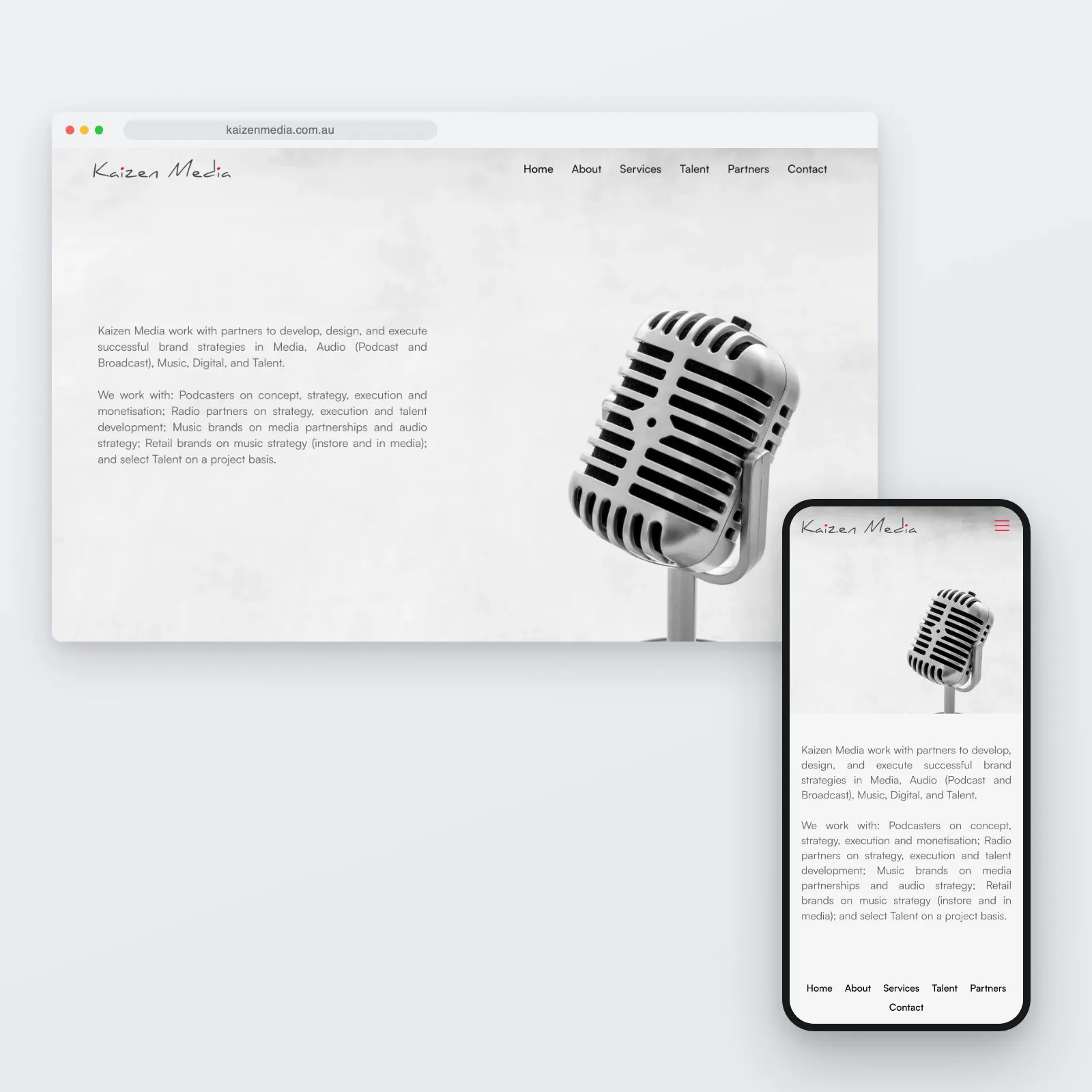 The Kaizen Media homepage shown on a desktop browser and a phone, leading with a single statement of what the consultancy does.