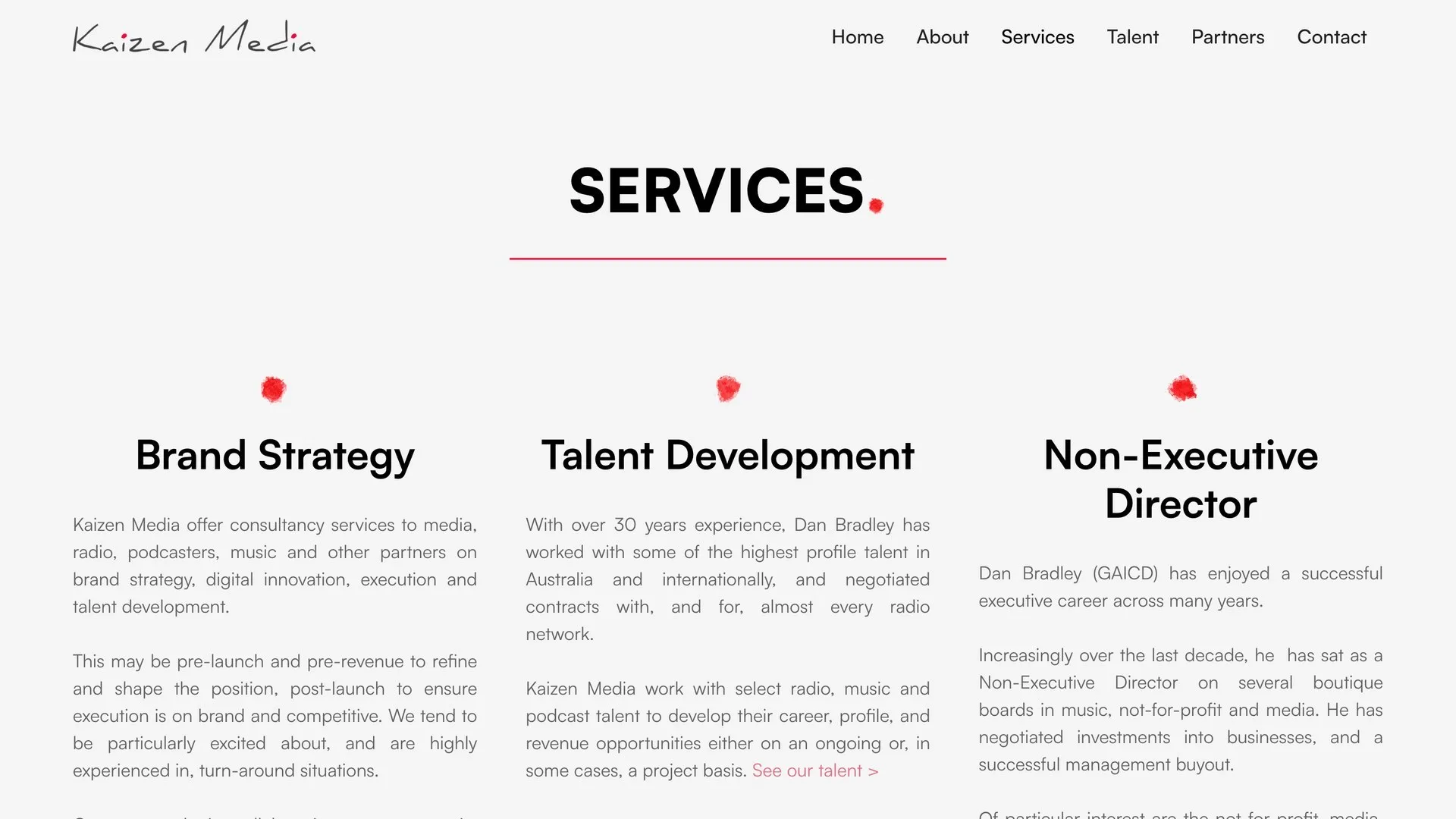 The services section, setting out brand strategy, talent development and non-executive director work.