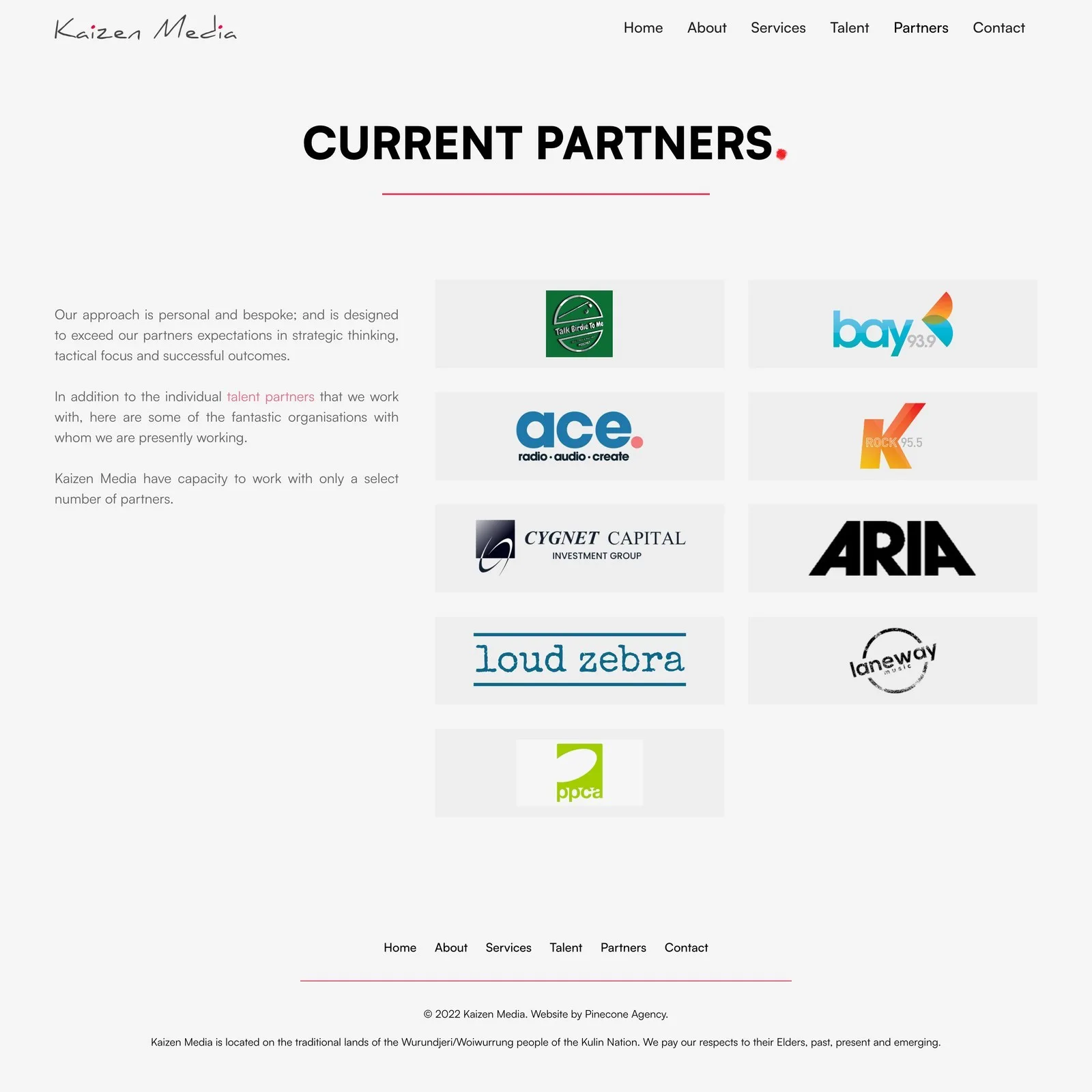 The partners section, a logo wall of radio networks, media brands and talent ventures.