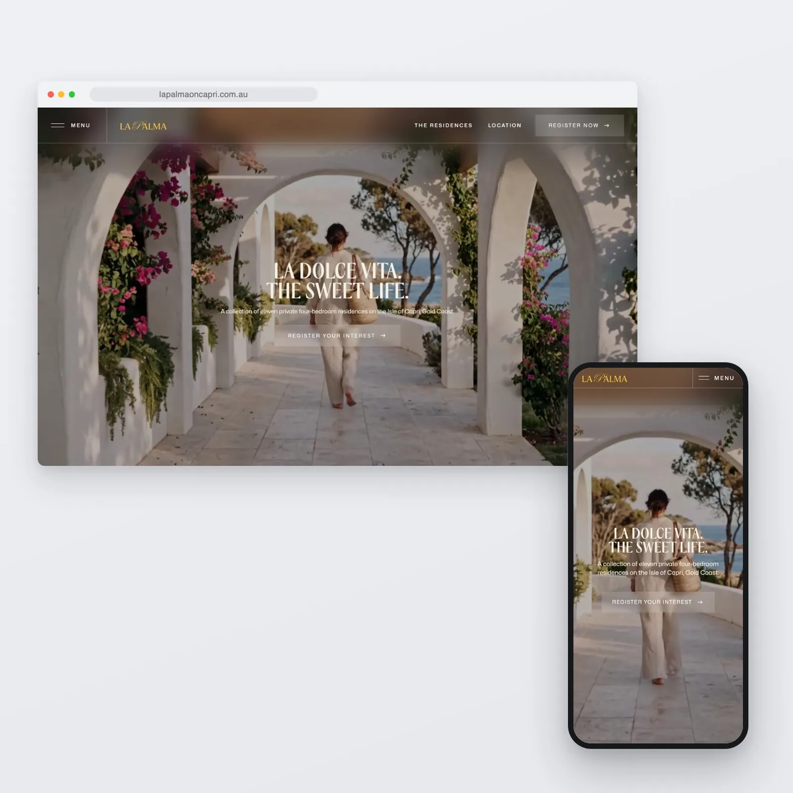The La Palma homepage shown on a desktop browser and a phone, with "La dolce vita. The sweet life." over arched Mediterranean architecture.