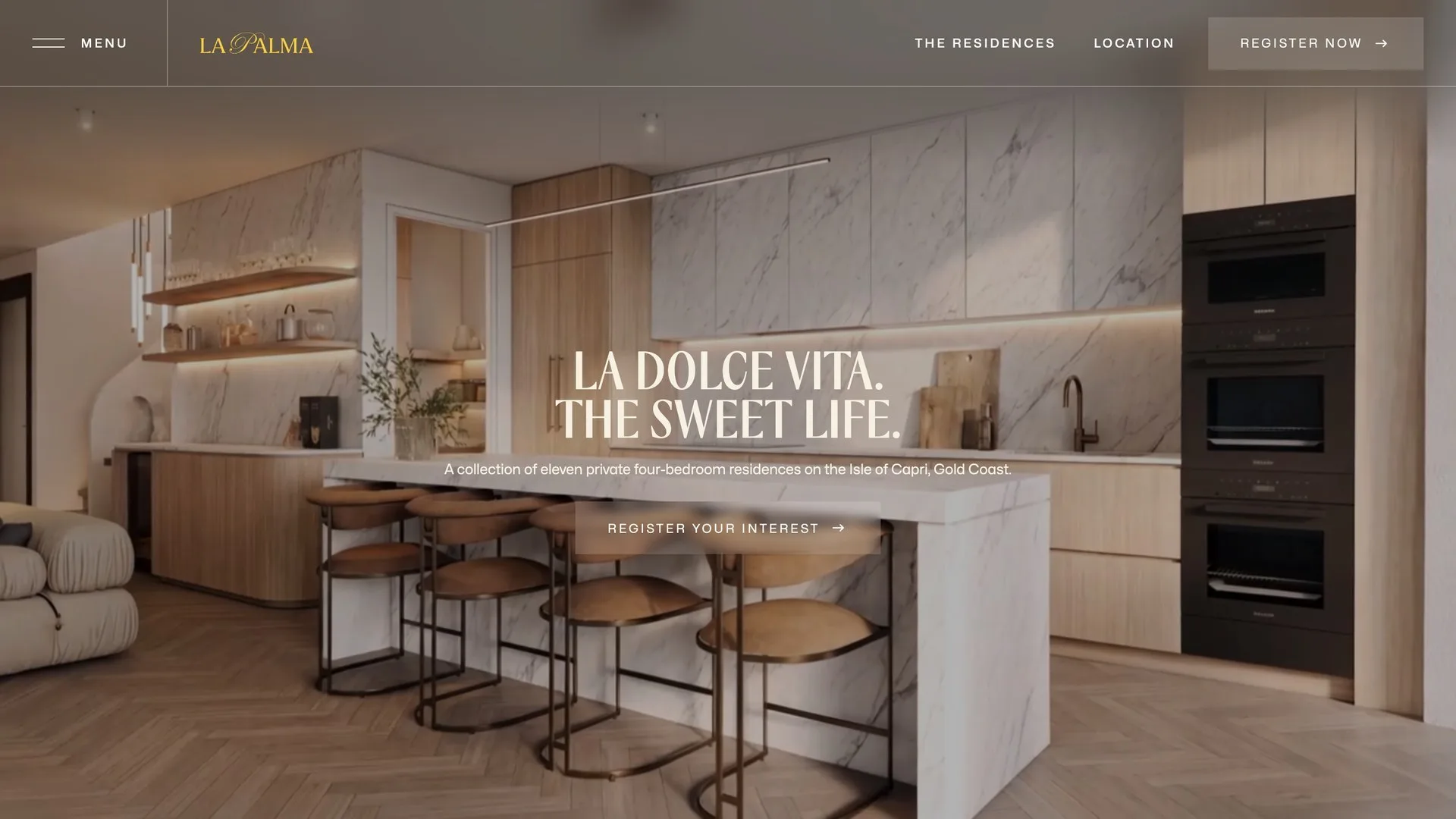 The arrival moment: the serif headline over an interior film still of a marble kitchen, with Register Your Interest beneath.